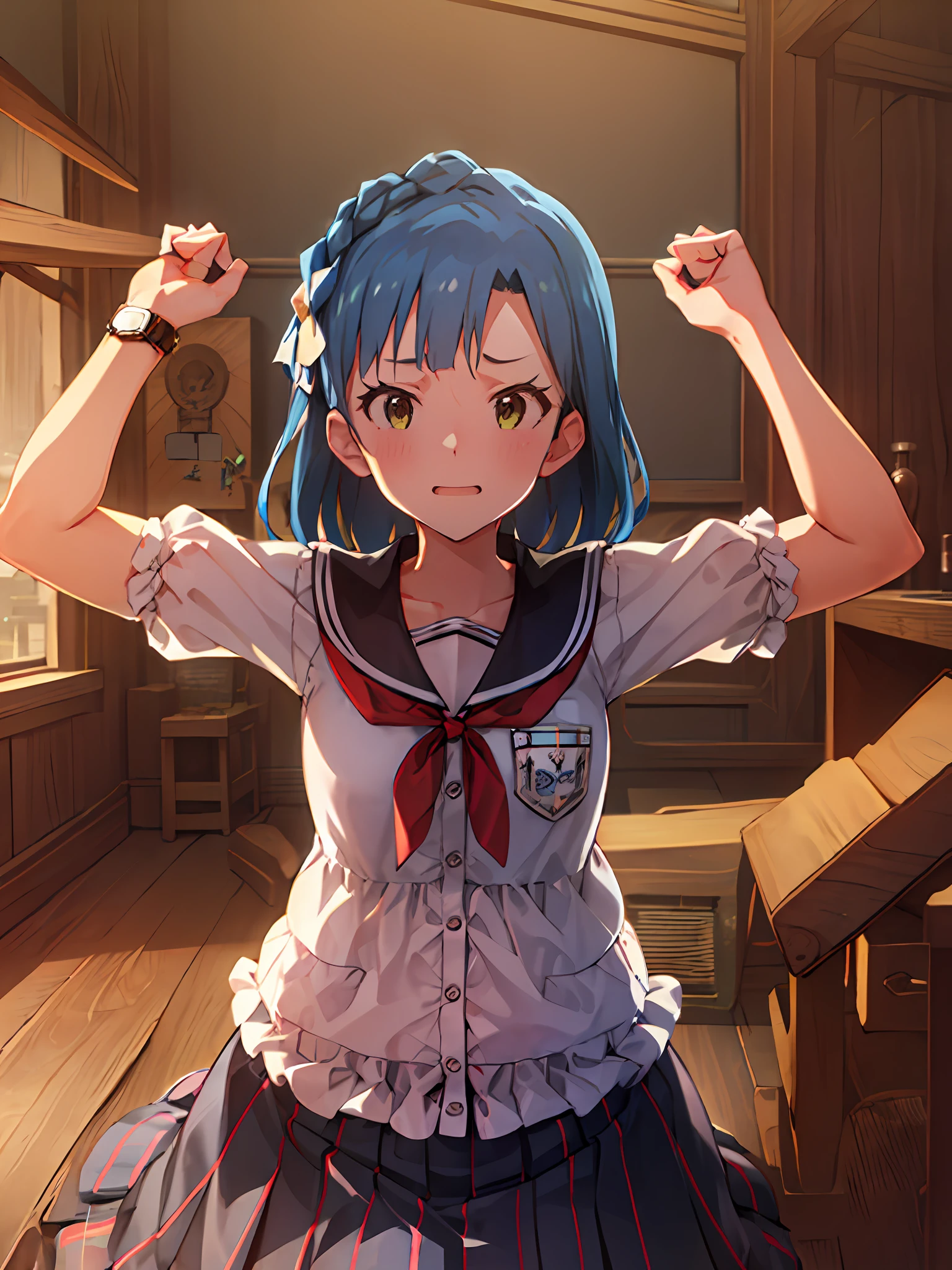 Yuriko Nanao (Million Live), (Top Quality, 8K, Masterpiece, Super Detail: 1.2), Cinematic Angle, Wide Shot, 1 Girl, Solo, Skirt, Watch Audience, Sailor Color, Pleated Skirt, Short Sleeves, School Uniform, Blush, Serafuk, Clavicle, Ribbon, Upper Body, Adjusted Hair, Wind, Floating Hair, Spread Your Arms. ((((Despair Face)))).Night.Fists.Sit.Small Breasts. ((watery eyes)).