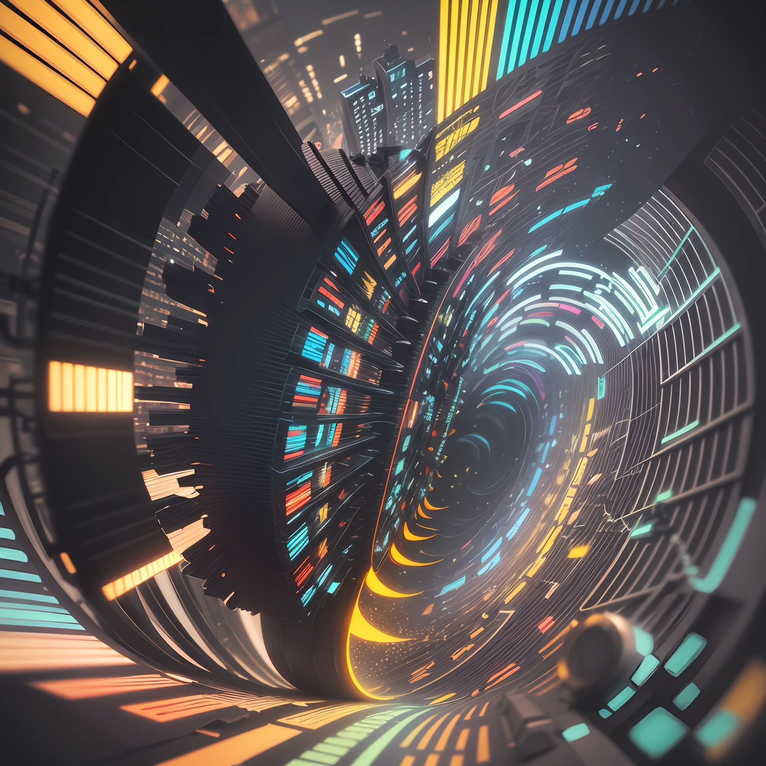 a nanotech and carbon fiber optical illusionistic detailed, black and white pinhole lens, Edison bulb infused abstract city, rainbow roads, dual color tones, split colors, Cycles rendering, octane rendering, volumetric lighting 4k