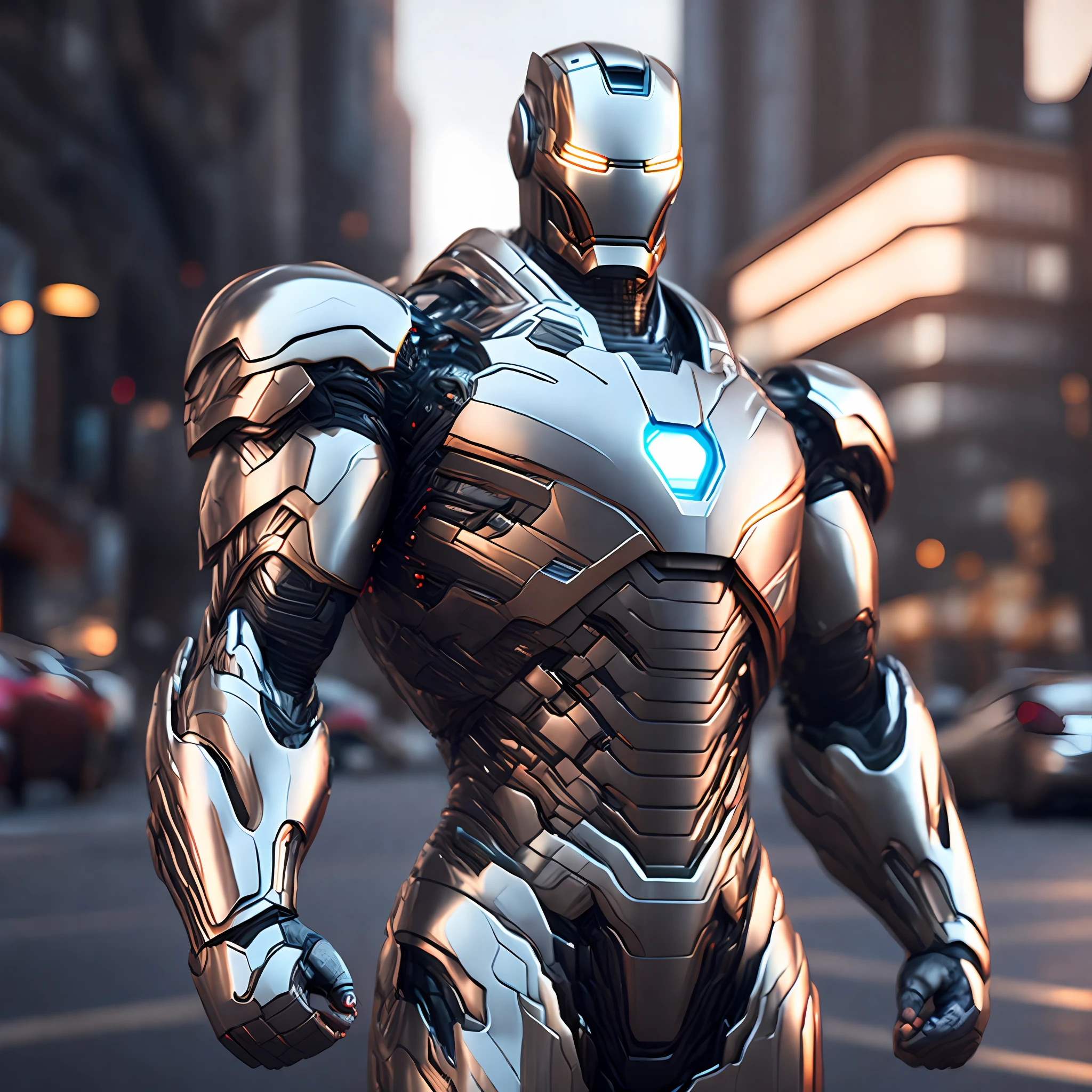 Photo of Silver Ironman from Marvel standing in the city streets, rtx, octane, unreal. high detailed, photorealistic