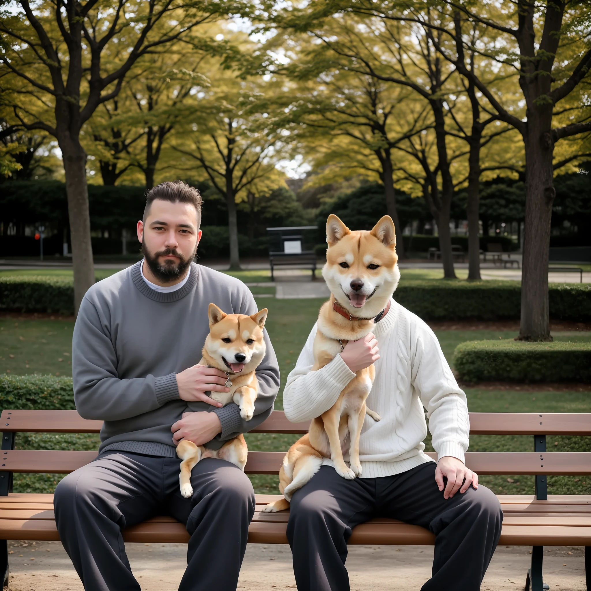 RAW photo, absurdres, high quality, photorealistic,
full shot portrait of a European man with a beard, sweater, pants, sitting, holding a (shiba inu:1.1),
outdoors, park, bench, sunlight, 8k uhd, dslr, film grain, detailed, sharp focus,