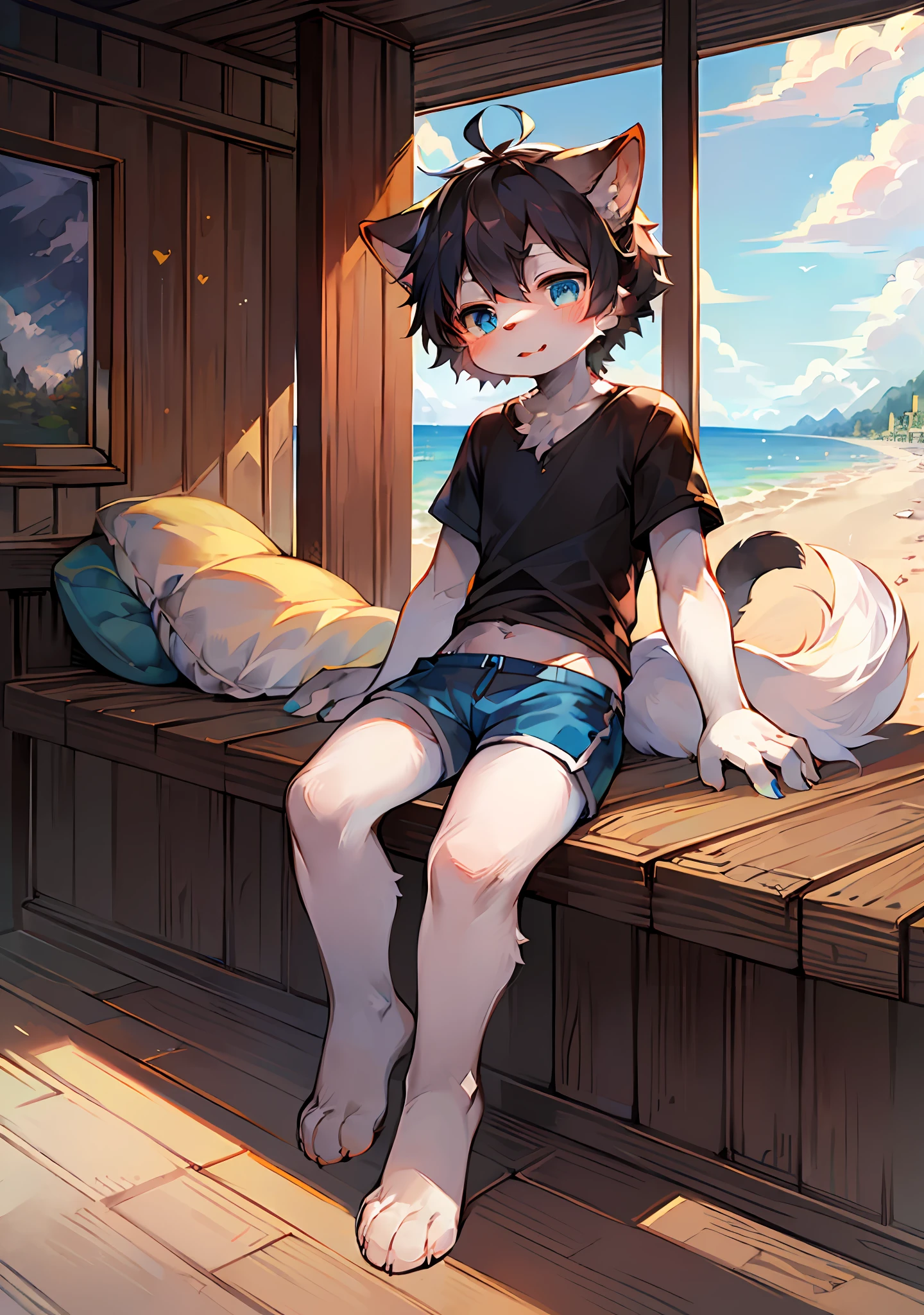(Bright Environment: 0.8), Masterpiece, High Quality, Abstract Res, Digital Painting\(Artwork\), by Dagasi, Yupa, Kiyosan, (Anthro, Fluffy Fur, Character Focus: 1.1), Anthro Male Cat, Short Hair, Portrait , bright eyes, panorama, character focus. (Detailed background: 0.7), Solo, Furry, Furry Male, Male Focus, Anthr, (Full body fur, A white fluffy tail, White yellow-black fur, Blue eyes, Black hair, White legs: 1.2), (Small cat, Black T-shirt, Blue shorts: 1.2), (Exterior, Morning, Beach: 1.1)