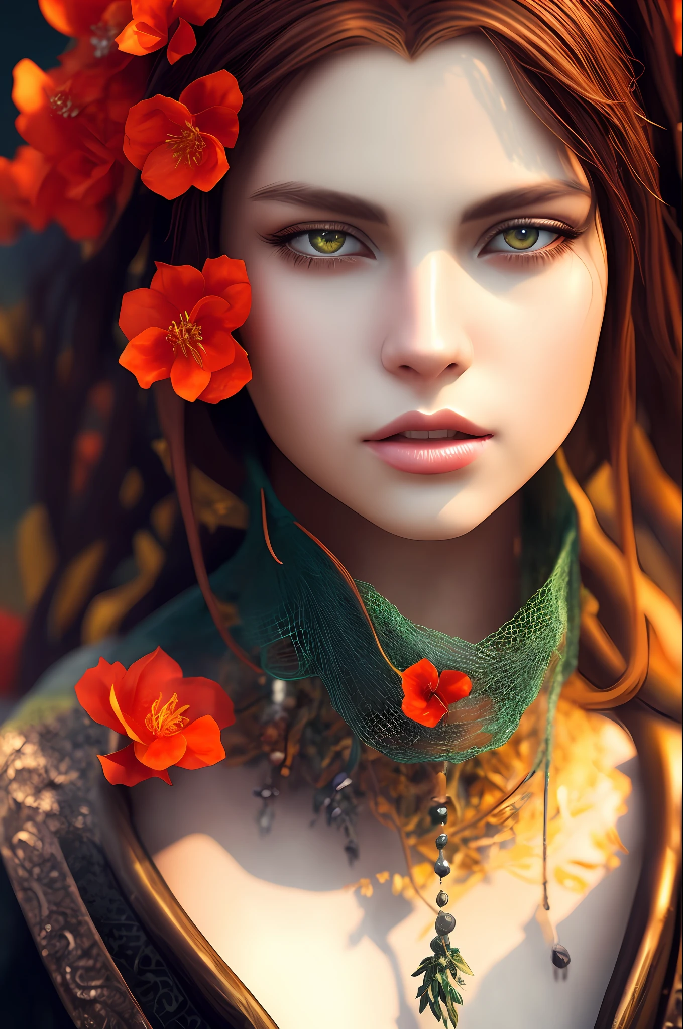Imagine that the skin of this creature girl looks like it was made of a fishing net, with leaves and flowers growing on her body. Digital Epic Fantasy, Symmetrical Concept Art, Sinister Fantasy Illustration, Symmetrical Epic Fantasy Art, Epic Fantasy Science Fiction Illustration, Epic Fantasy Art Style, Epic Anime Art, Symmetrical Fantasy RPG Portrait, Anton Fadeev and Dan Mumford, (Masterpiece, Top Quality, Best Quality, Official Art, Beauty and Aesthetics: 1.2), Extreme Detail, (Fractal Art: 1.3), Colorful, Most Detailed, Full Body Pose, Cute Surrealist Photo, 8 K, Octane Beautifully Rendered, Very detailed, intricate, epic composition, cinematic lighting, masterpiece, art station trend, very, very detailed, stunning, HDR, smooth, sharp focus, high resolution, award-winning, award-winning photo, DSLR, 5 0 mm