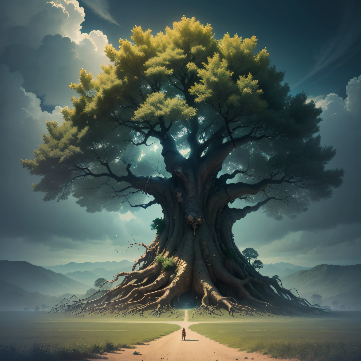 A robust tree with deep roots, symbolizing strength and resilience., Surrealism, cinematic lighting, rounded corners, panorama, Ultra-Wide Angle, UHD