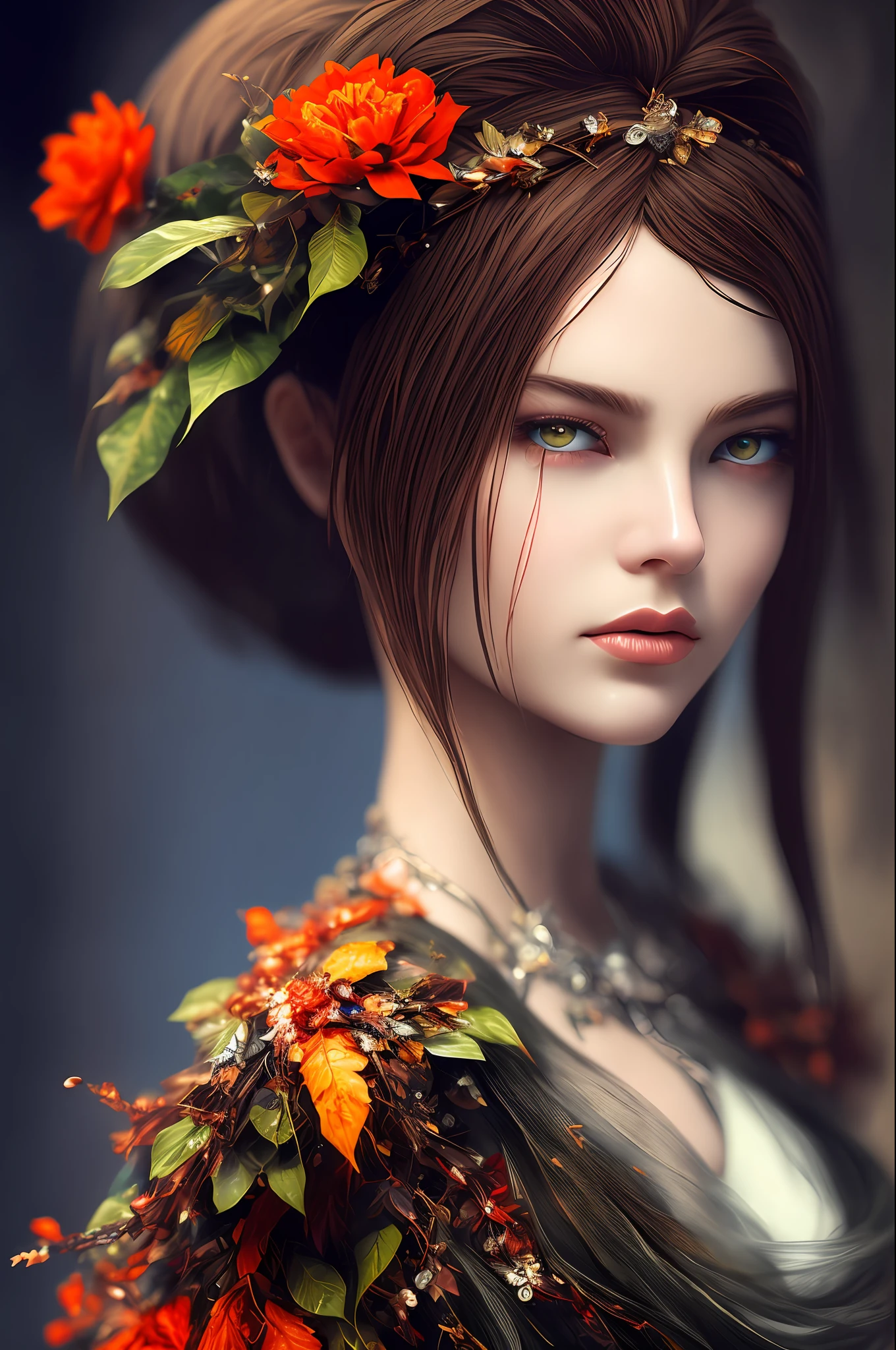 Imagine that the skin of this creature girl looks like it was made of a fishing net, with leaves and flowers growing on her body. Digital Epic Fantasy, Symmetrical Concept Art, Sinister Fantasy Illustration, Symmetrical Epic Fantasy Art, Epic Fantasy Science Fiction Illustration, Epic Fantasy Art Style, Epic Anime Art, Symmetrical Fantasy RPG Portrait, Anton Fadeev and Dan Mumford, (Masterpiece, Top Quality, Best Quality, Official Art, Beauty and Aesthetics: 1.2), Extreme Detail, (Fractal Art: 1.3), Colorful, Most Detailed, Full Body Pose, Cute Surrealist Photo, 8 K, Octane Beautifully Rendered, Very detailed, intricate, epic composition, cinematic lighting, masterpiece, art station trend, very, very detailed, stunning, HDR, smooth, sharp focus, high resolution, award-winning, award-winning photo, DSLR, 5 0 mm