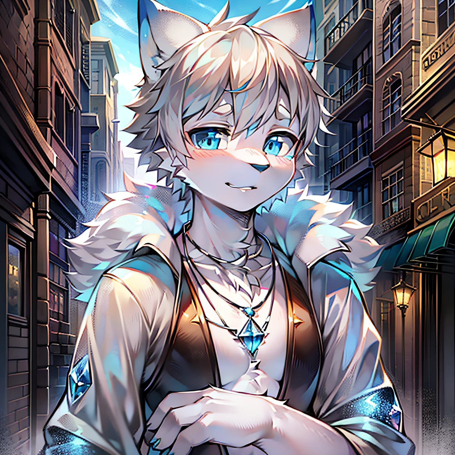 (Bright Environment) Panorama , Anime Character, White Fur Fox, Character Focus, Male Focus (Blue Eyes, Silver Hair, Blue Crystal Necklace) (Town, Main Street)