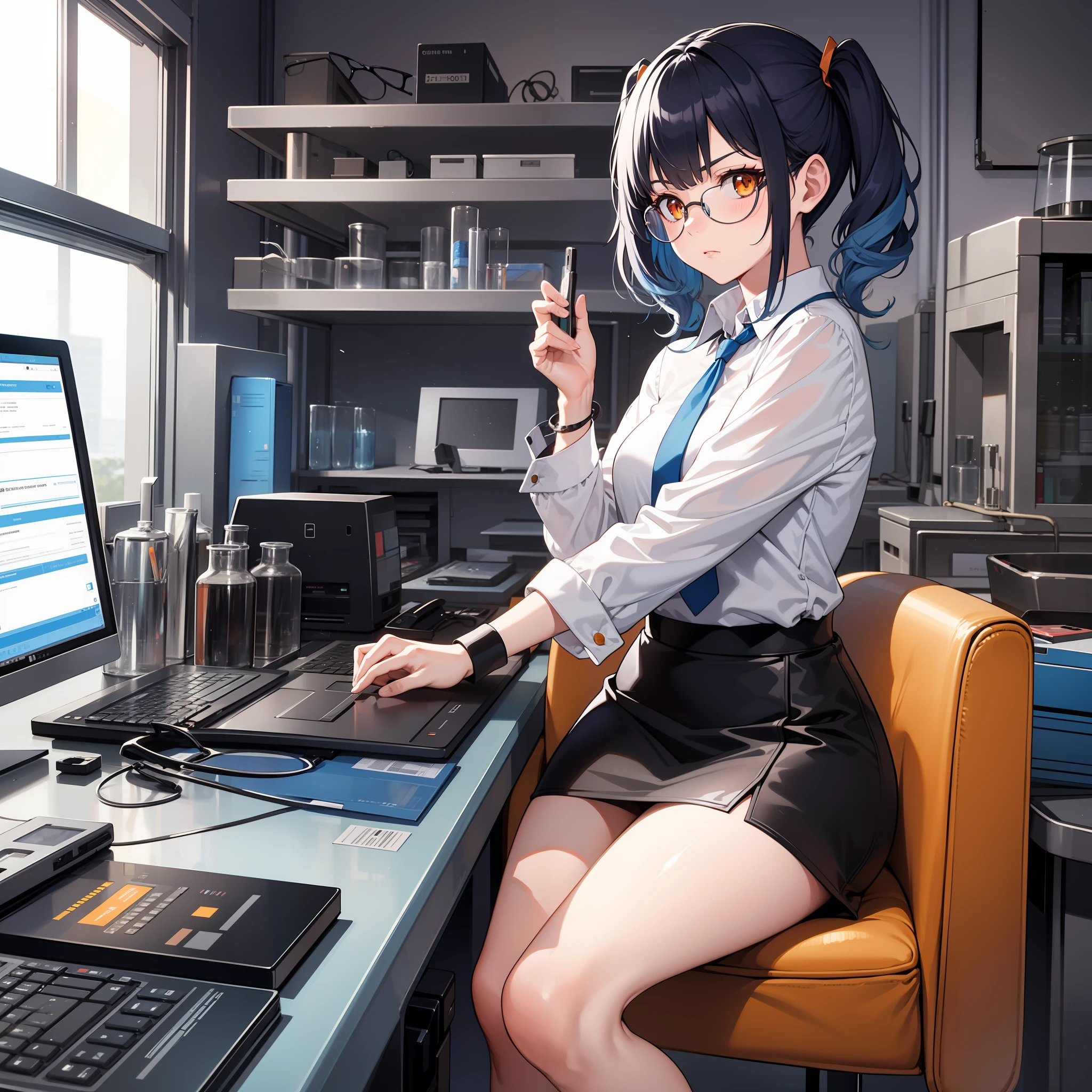 Thirty year old woman, Serious Expression, short blue hair With white lines In the middle, in two pigtails, orange eyes, wearing transparent glasses, Short cuffs and Black miniskirt, Playing on the computer in the laboratory room