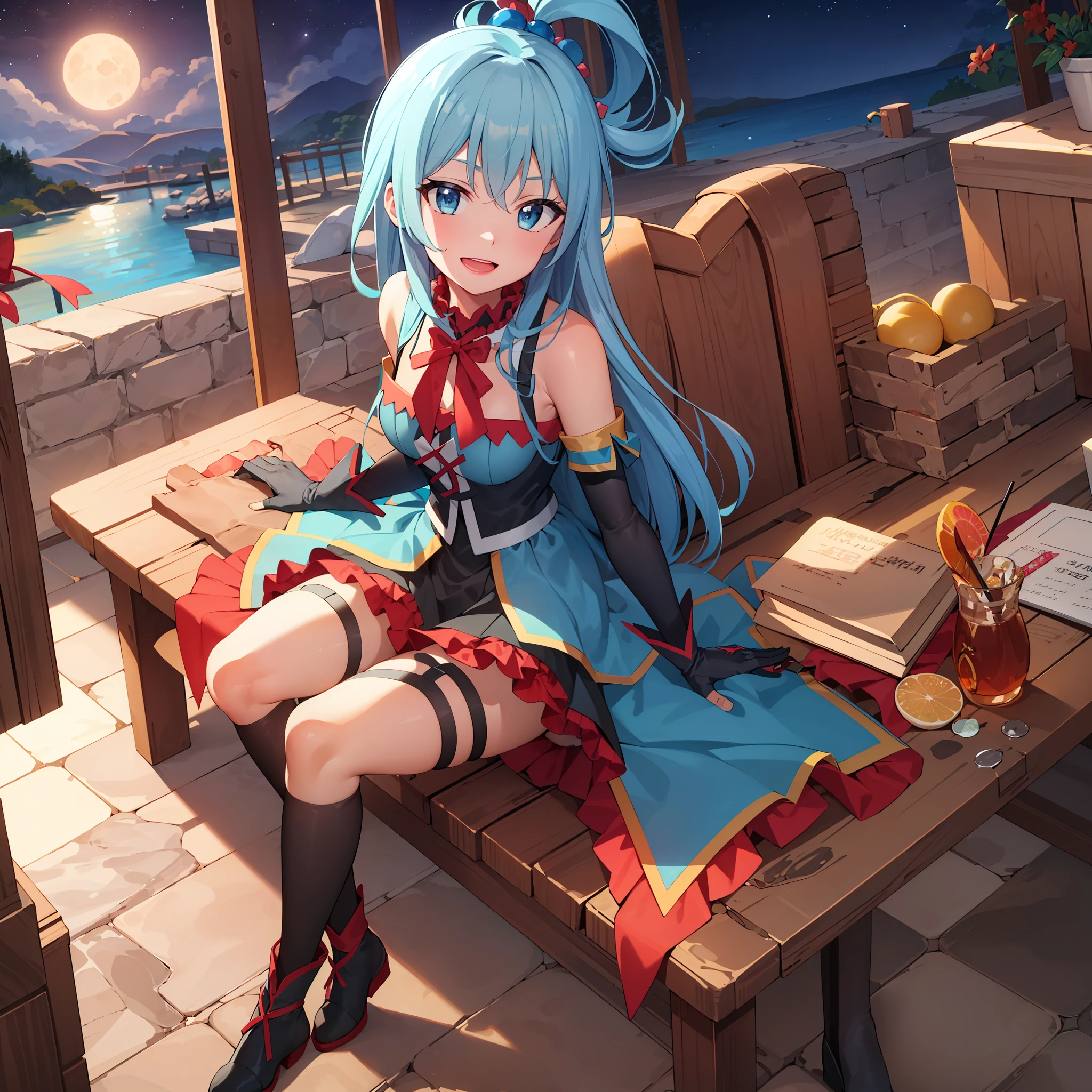 (masterpiece), (best quality), highres, ultra detailed, professional lighting, photography, mix4 adult, perfect skin, model, night, giant moon, 1girl, solo, aqua_konosuba, bottom view, smug, smile, open mouth, blue eyes, light blue hair, long hair, gothic, ribbon, hair bow, garter straps, lipstick, gauntlets, swollen sleeves, sitting, detailed background, clear sky, stars, sickle