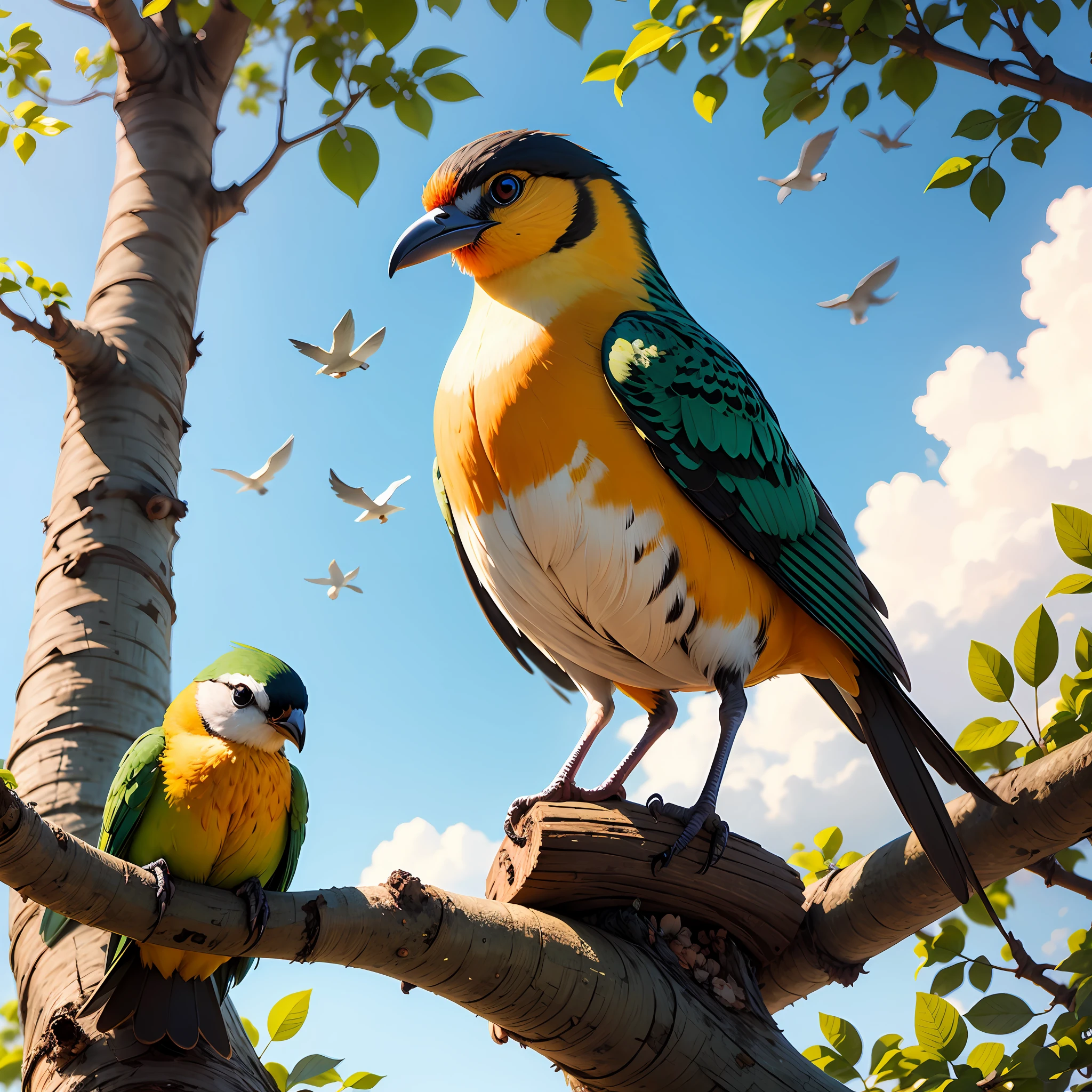 Beautiful birds on top of a beautiful tree, sunny day, birds on a quiet day, colorful birds --auto