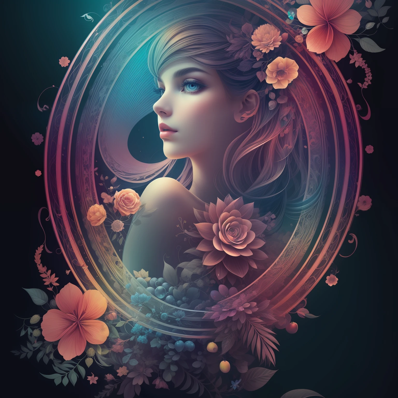 abstract graphics, (1beautiful woman)fractal, glass, flowers, fruits, lines, metal