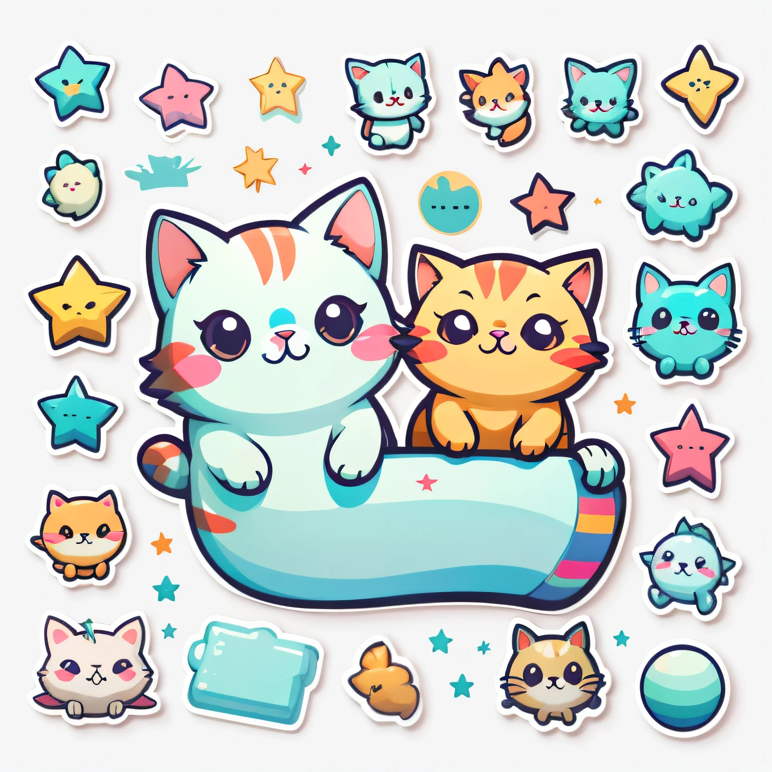 1 sticker, sticker, (cute, cat), stars, white background, no background, simple background, minimal, cute, tiny, pastel color, vector style, no gradient,