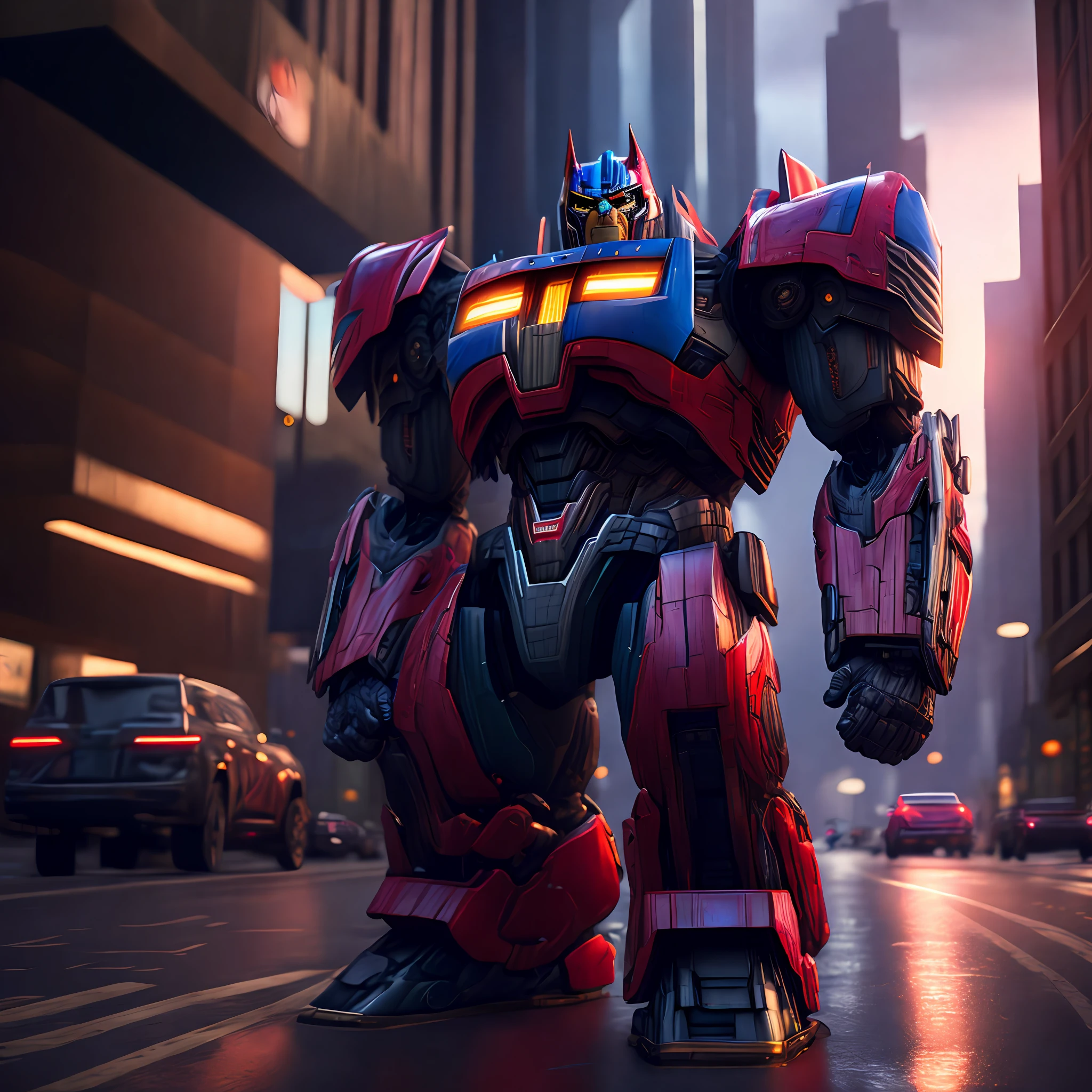 Photo of  optimus prime standing in the city streets, rtx, octane, unreal. high detailed, photorealistic