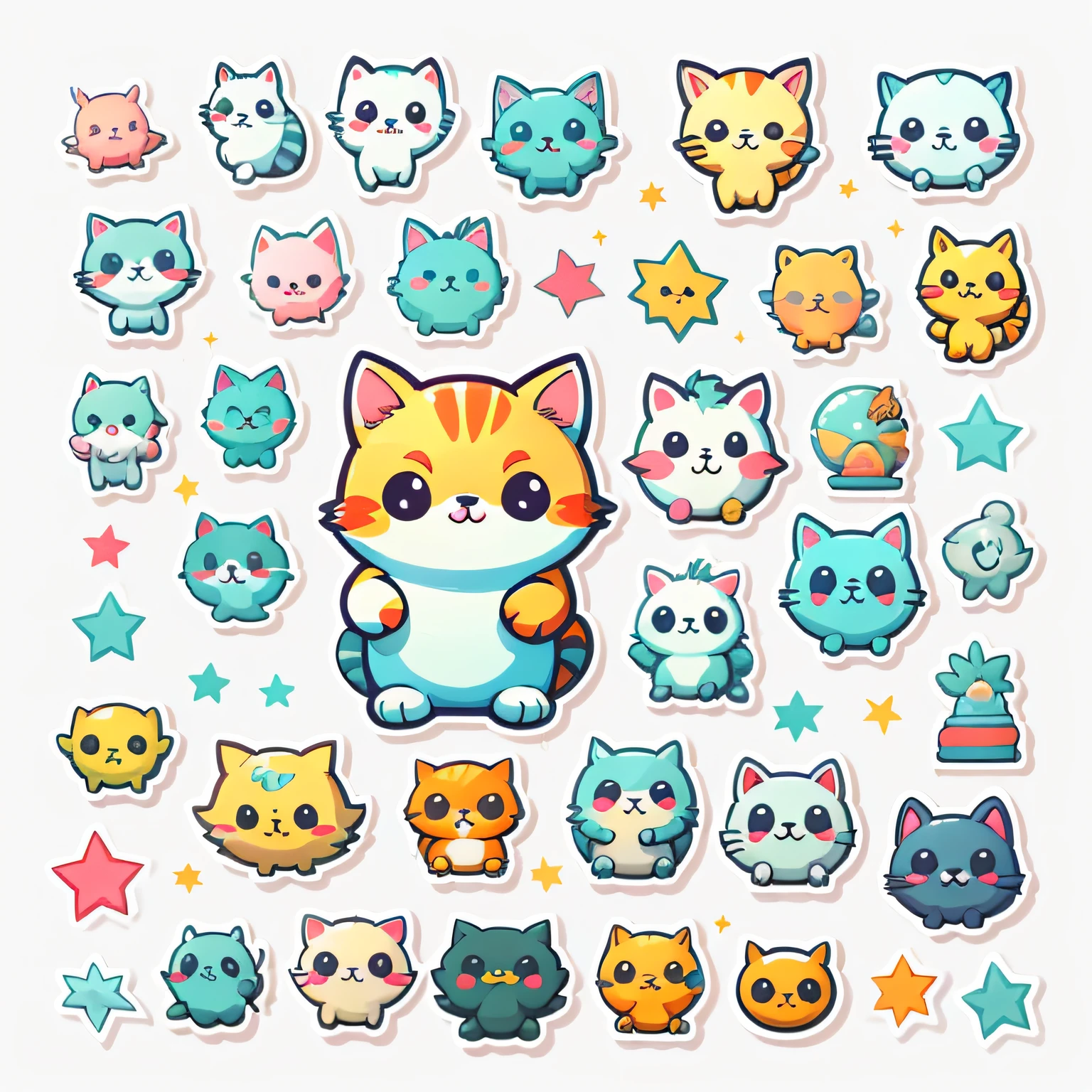1 sticker, sticker, (cute, cat), stars, white background, no background, simple background, minimal, cute, tiny, pastel color, vector style, no gradient,