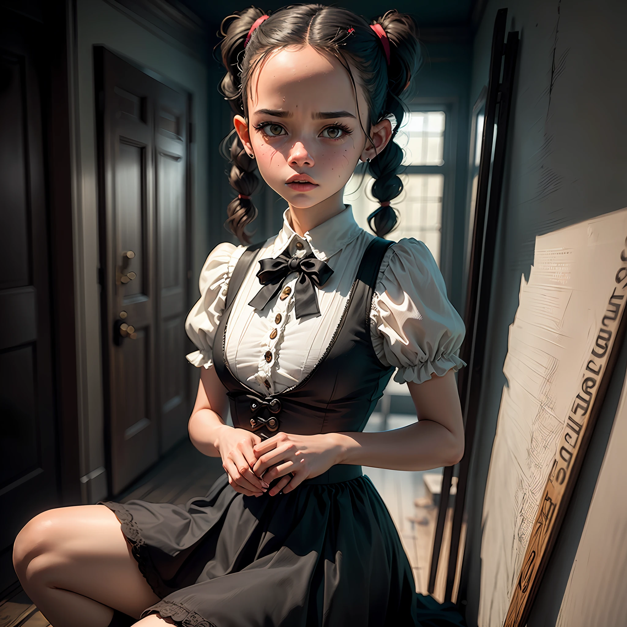 (((Jenna Ortega))), Wednesday Addams, gloomy atmosphere, dark and mysterious, haunted mansion, vintage dress, pigtails, stern expression, eerie backdrop --auto