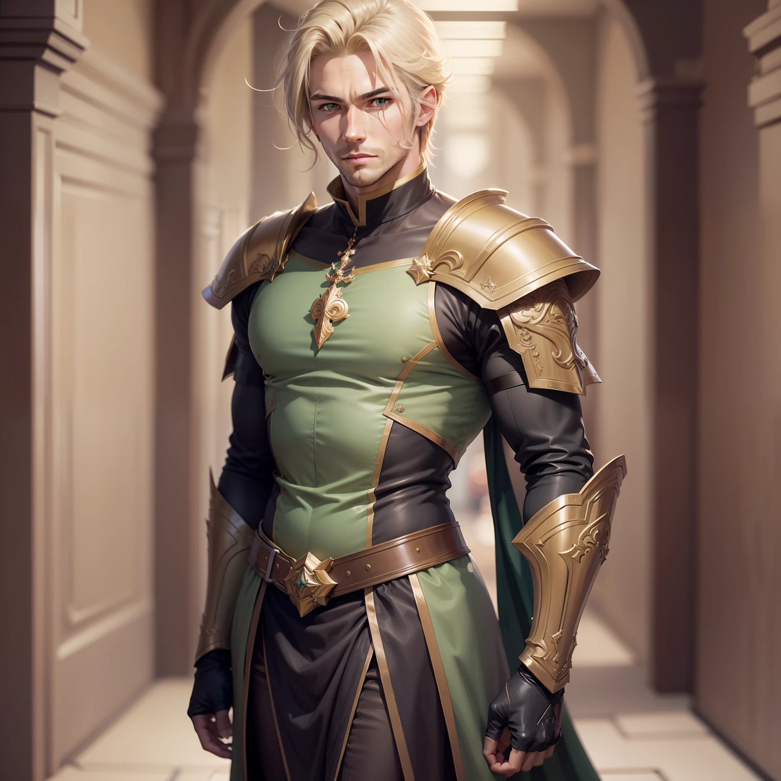 Realistic image of a handsome man in his early 30s, handsome, strong, blond, green eyes, dressed in black cleric's costumes with shoulder pads with green details, anime character style art, thoughtful, standing in a hallway of a palace