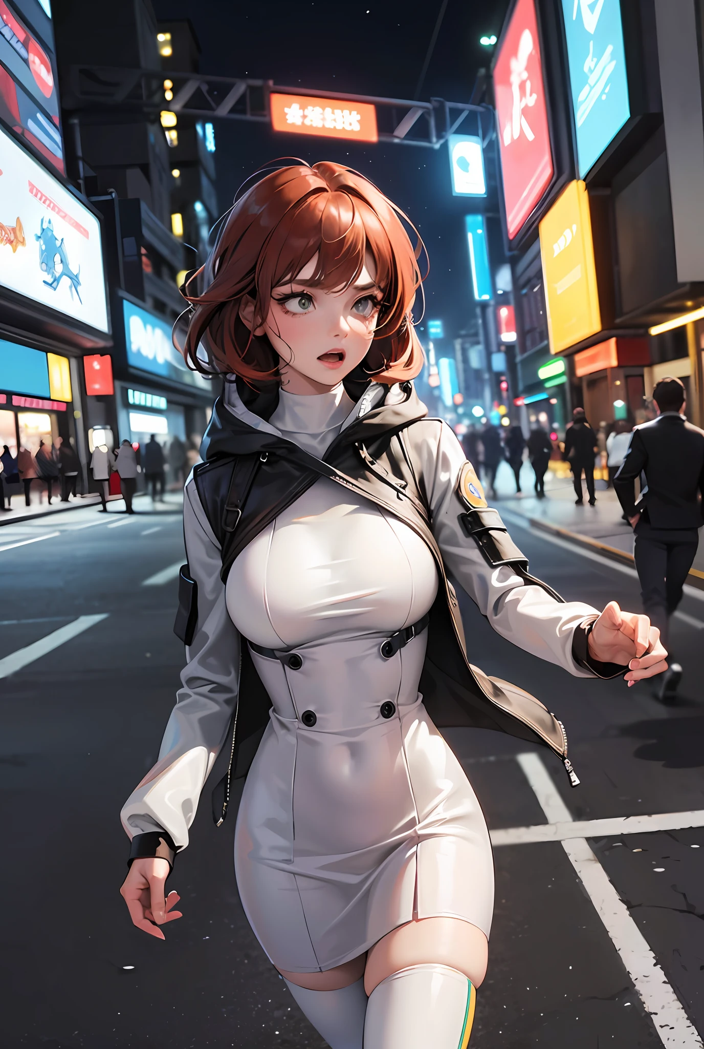 Close up image of 2 subjects, 1girl with auburn colored hair, wearing long sleeve white dress with hood, (running towards camera), (woman looks scared), frightened, running for her life, running away from man wearing armor, getting grabbed by man, down a dirty city alley, futuristic city at (night:1.4), blue and yellow neon signs, chase scene, action scene, thick outlines, comic book style, dynamic camera angle, realistic skin, realistic hands, perfect hands, action lines, motion blur background --auto