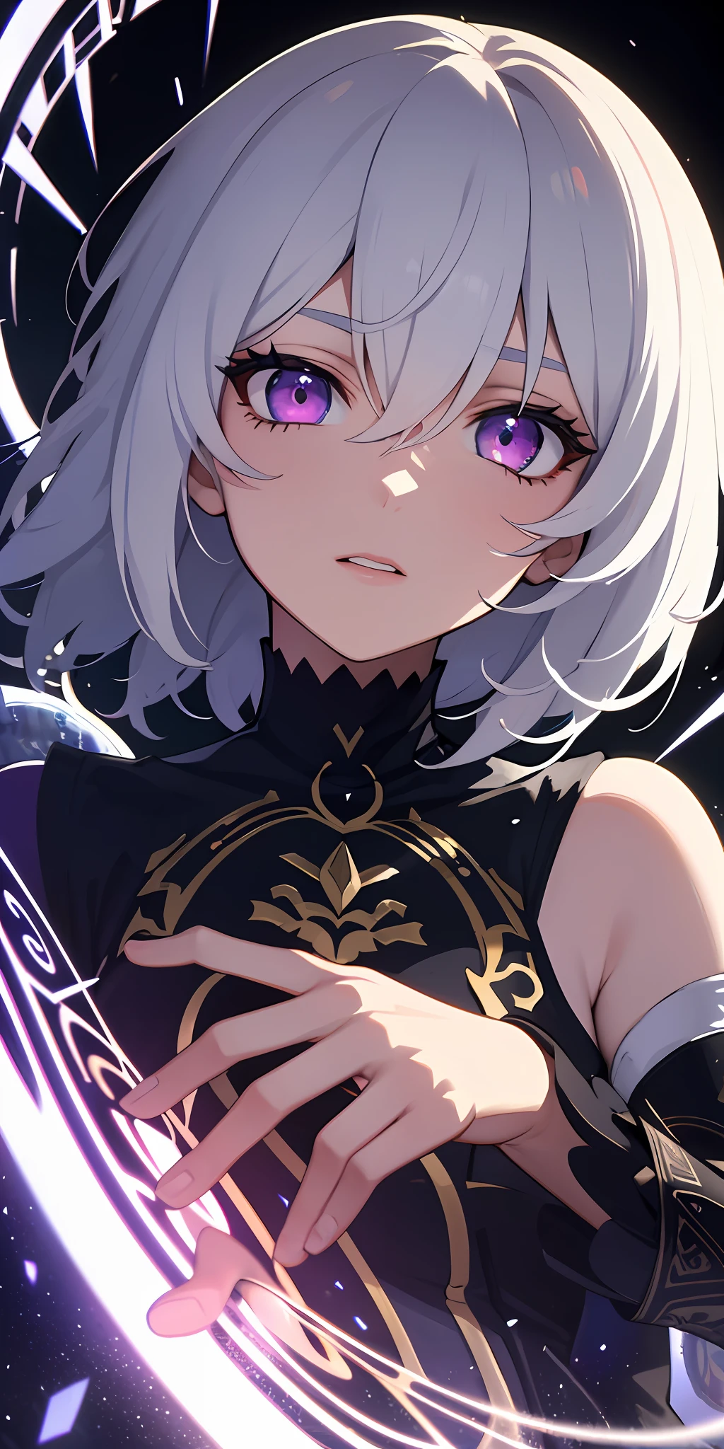 (masterpiece, best quality, ultra-detailed, best shadow), (detailed background,dark fantasy), (beautiful detailed face), high contrast, (best illumination, an extremely delicate and beautiful), ((cinematic light)), colorful, hyper detail, dramatic light, intricate details, (1girl, solo,white hair, sharp face,purple eyes, hair between eyes,dynamic angle), blood splatter, swirling black light around the character, depth of field,black light particles,(broken glass),magic circle,