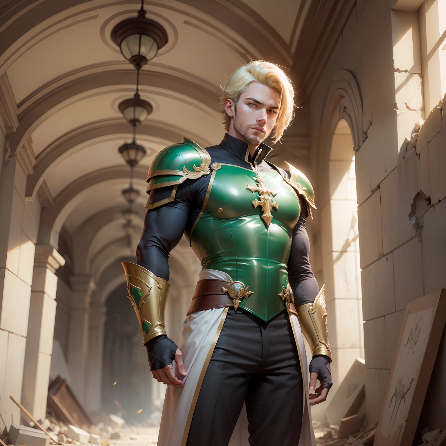 Realistic image of a handsome man in his early 30s, handsome, strong, blond with short hair, green eyes, dressed in black cleric's costumes with shoulder pads with green details, anime character style art, thoughtful, standing in a hallway of a palace with rubble on the floor