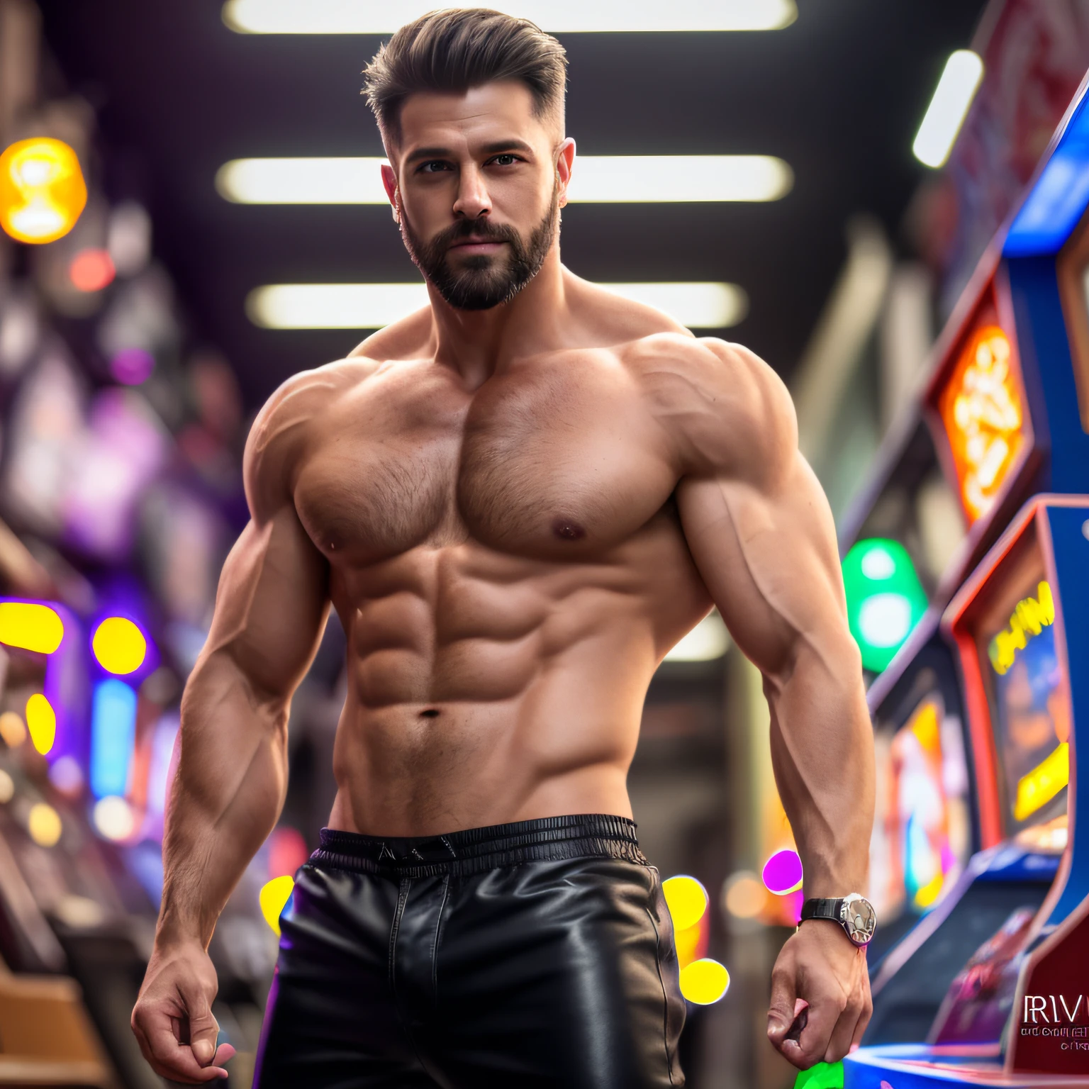 (8k, RAW photo, photorealistic, high quality, amazing details: 1.4), (masterpiece), (ultra-realistic), (realistic) original characters, natural volumetric lighting and best shadows, deep depth of field, sharp focus, color film photography, FilmG, 8k, raw photo, (film grain: 1), (floating dust particle: 1,2), award-winning photo, 50 mm, focus, spotlight, rim light, in the dark, dimly lit, discreet, deep shadow, natural volumetric lighting and better shadows, ultra detailed, best quality, Ultra high resolution, professional lighting, professional photography, portrait of man 45 years incredibly beautiful muscles, half full, handsome face virile, beard, attractive with clear eyes, seductive smile, short gray hair shaggy, shirtless, leather pants,(Bokeh: 1.2) pose, (background an arcade shop: 1.15), arcade (Standing with your hands in your pockets: 1.2), Overexposure, picturesque, overexposure, photorealism, photorealistic, nsfw, sexy, sharp, focused, centered, sensual, HD, 8k, DSLR, RAW --auto --s2