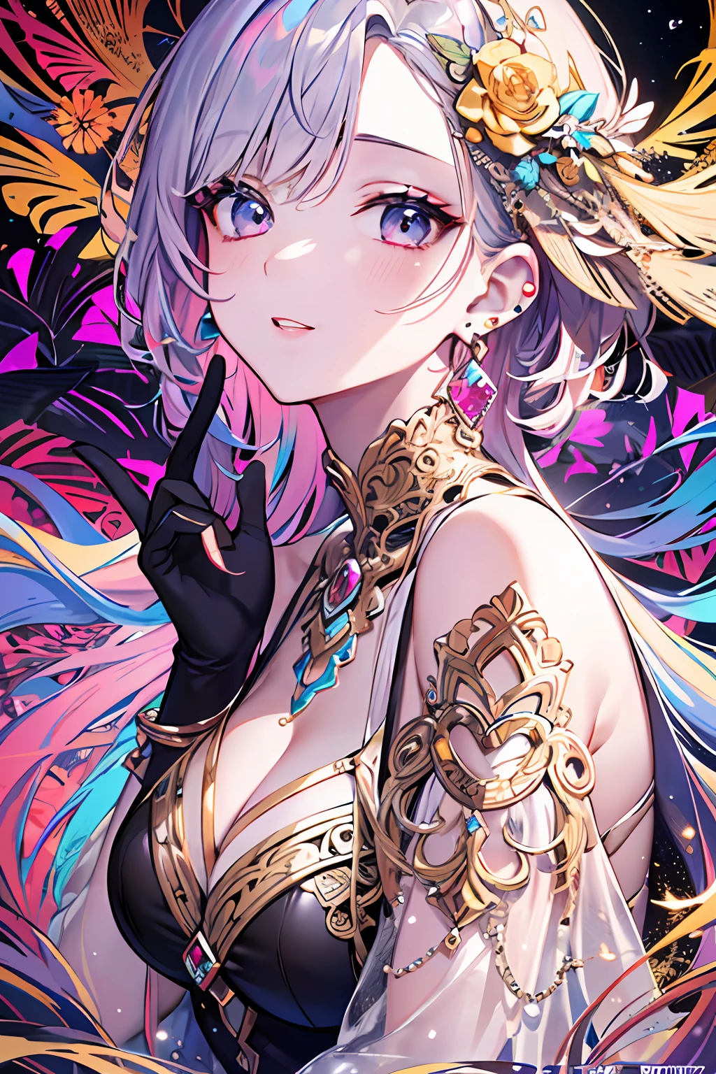 (Masterpiece, Top Quality, Best Quality, Official Art, Beauty and Aesthetics: 1.2), (1girl: 1.3), Very Detailed, (Fractal Art: 1.1), (Color: 1.1) (Diamond: 1.3), Most Detailed, (Zentangle: 1.2), (Dynamic Pose), (Abstract Background: 1.3), (Shiny Skin), (Many Colors: 1.4), ,( earrings:1.4),