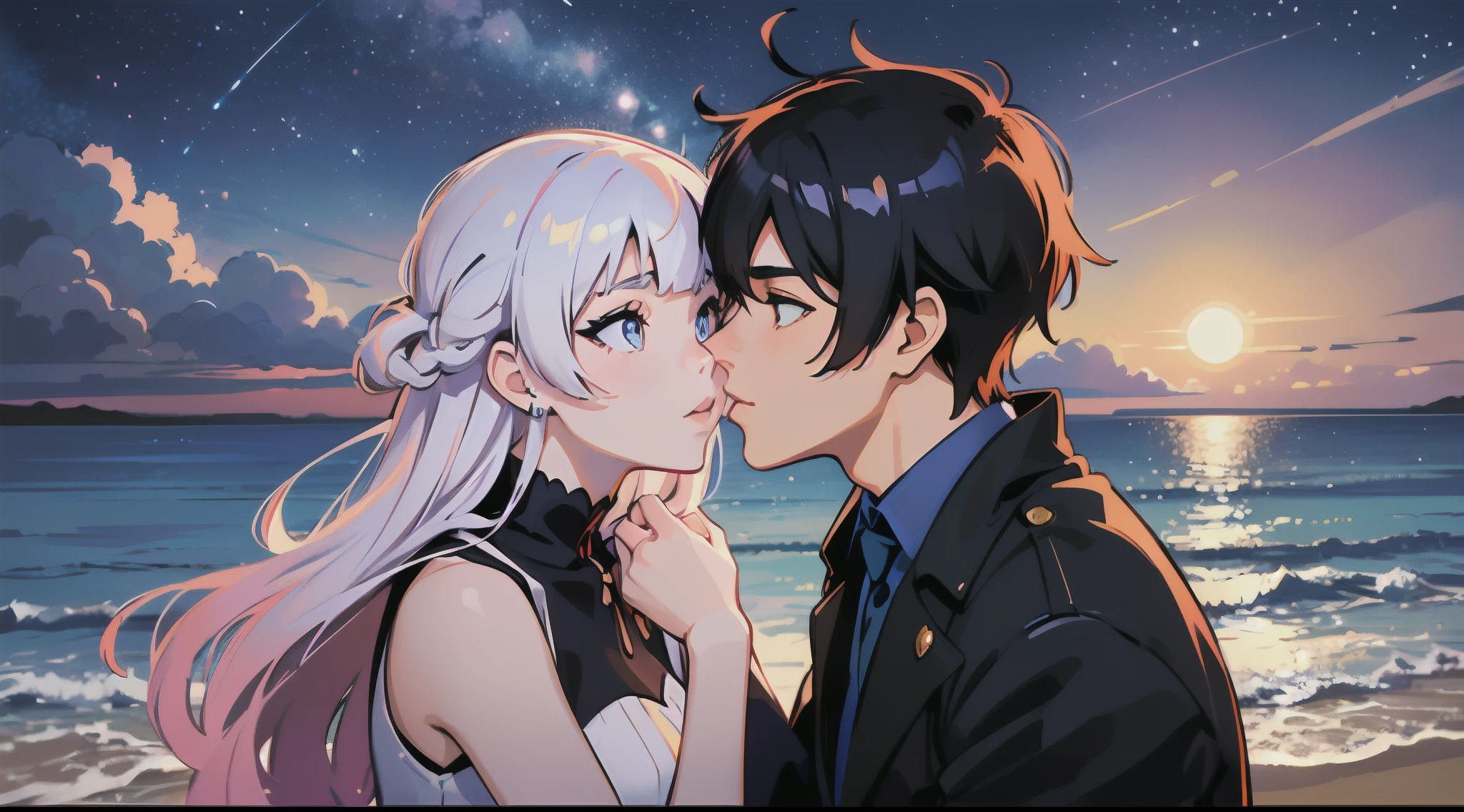 (woman with pink hair, sparkling light blue eyes)+(man with black hair and shimmering dark blue eyes)+(anime style Ilya Kuvshinov:1.2)+(couple kissing on the beach in the moonlight)+(full body image)+(exchanging passionate glances)