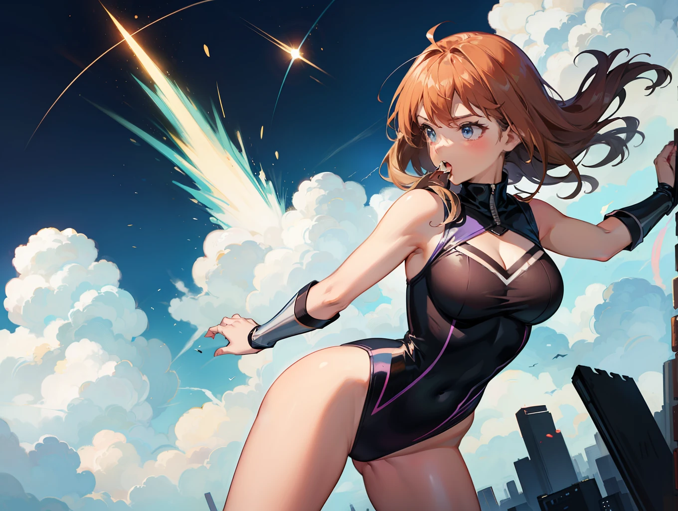 "High school girl superhero wearing a vibrant leotard twirls into a mighty tornado"