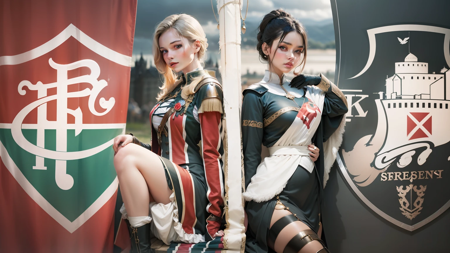 Version with two women with beautiful face, charming body dressed as a medieval soldier with tight clothes to the body Two beautiful women in the clothes of medieval soldiers in a beautiful and perfect way --auto