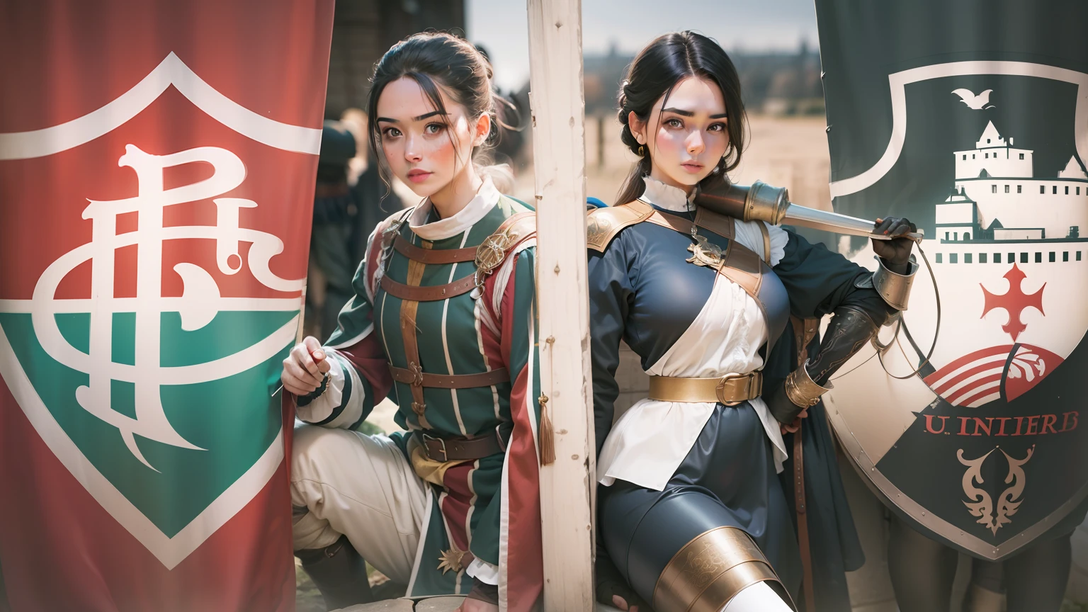 Version with two women with beautiful face, charming body dressed as a medieval soldier with tight clothes to the body Two beautiful women in the clothes of medieval soldiers in a beautiful and perfect way --auto