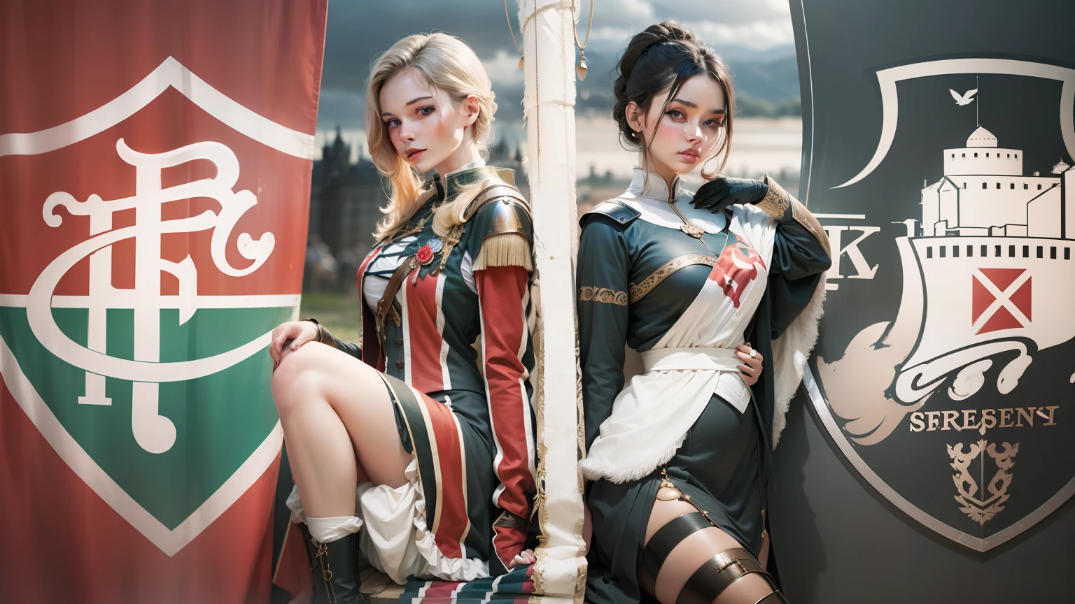 Version with two women with beautiful face, charming body dressed as a medieval soldier with tight clothes to the body Two beautiful women in the clothes of medieval soldiers in a beautiful and perfect way --auto
