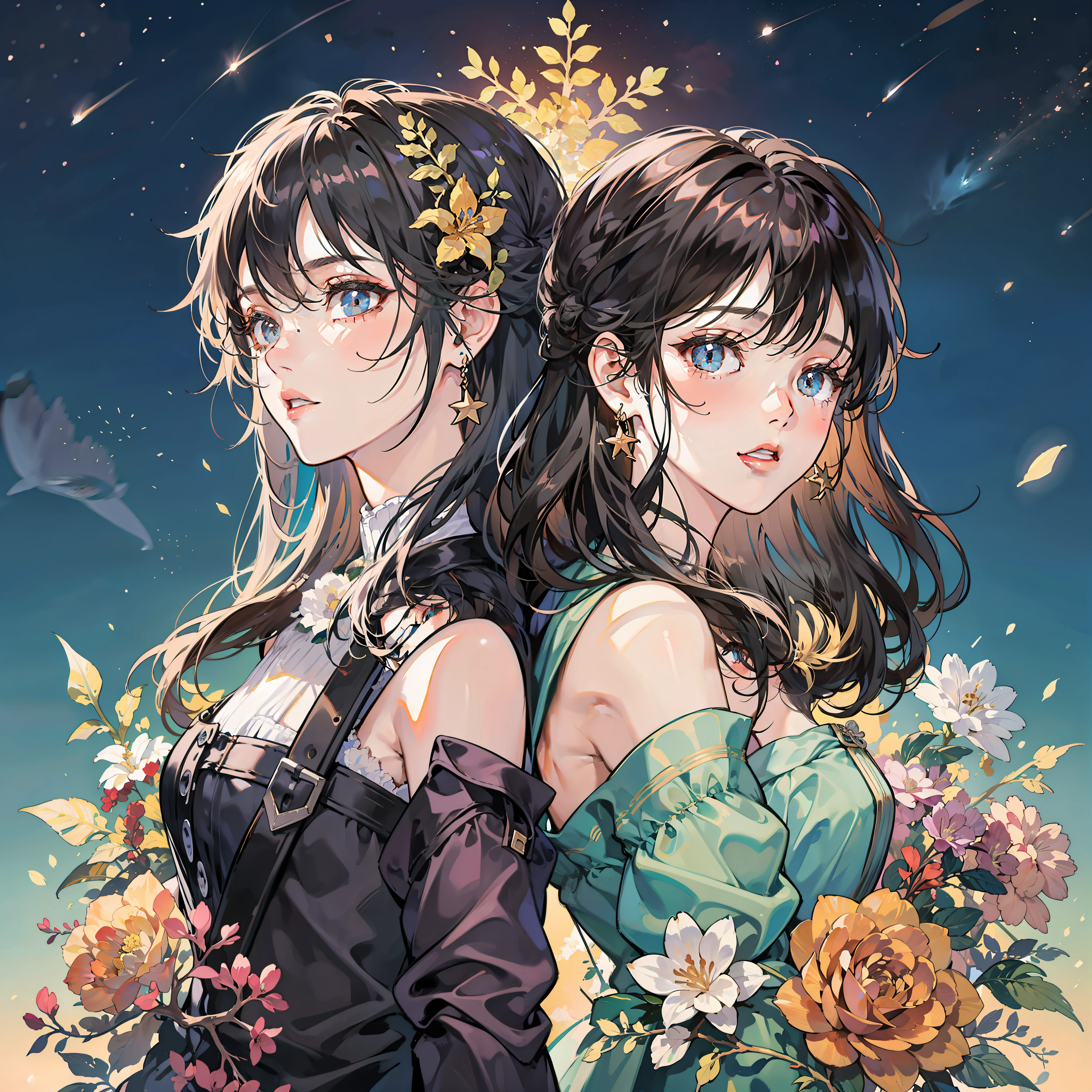 Two girls, back back!! Black hair!! Dream background, sea of stars, whales, shooting stars, flowers. Delicate facial features, super clear picture quality, high-quality paintings, masterpieces.