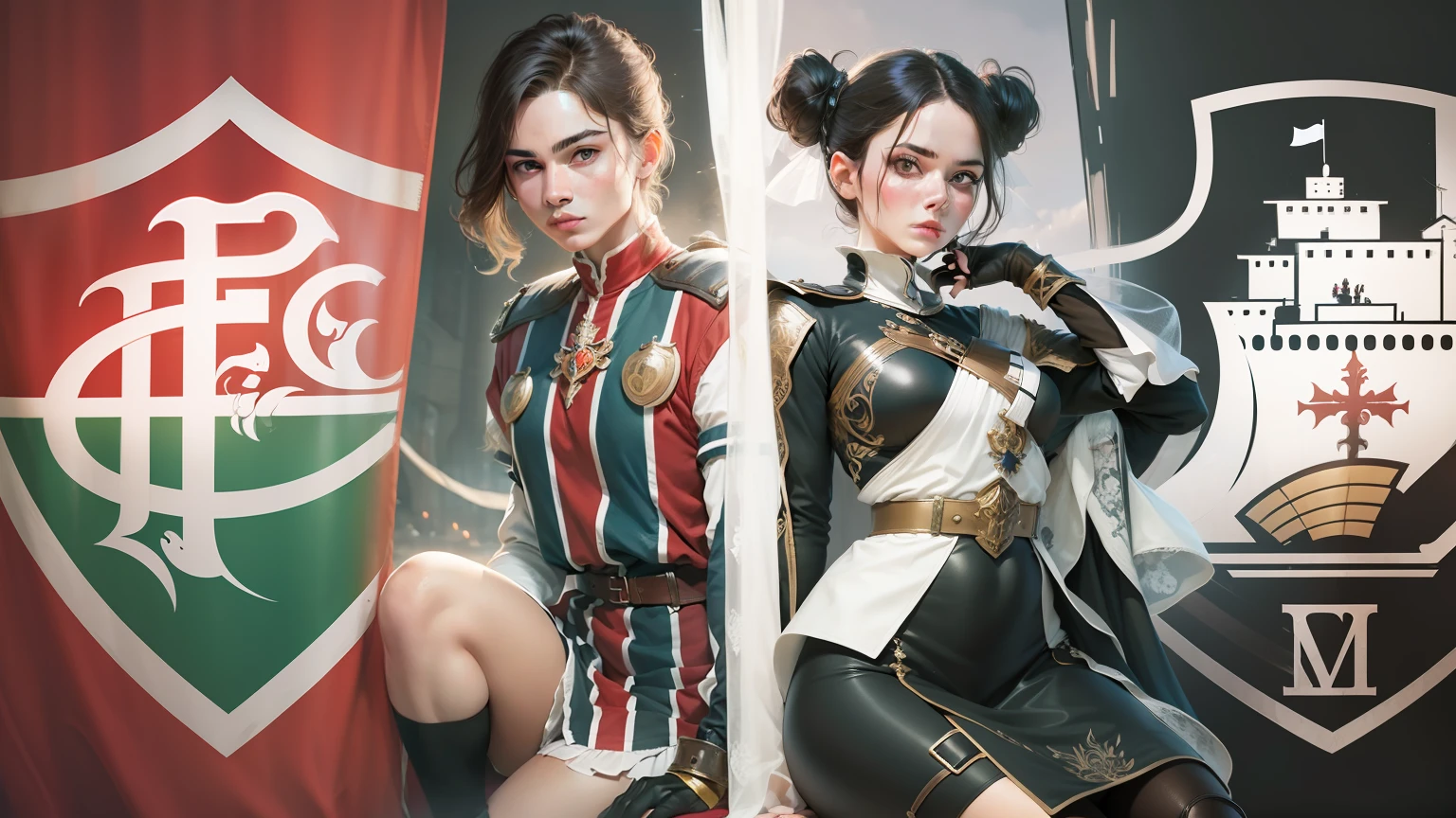 Version with two women with beautiful face, charming body dressed as a medieval soldier with tight clothes to the body Two beautiful women in the clothes of medieval soldiers in a beautiful and perfect way --auto