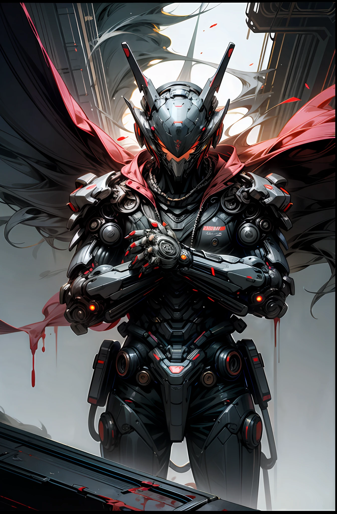 Cyberpunk art, 1man, robot, comic book style, action, smoke, neon, chains, and blood