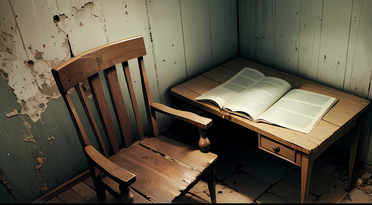 (tight) Dark room with an old study table and an old chair, totally enclosed and gloomy, dirty walls, horror movie style