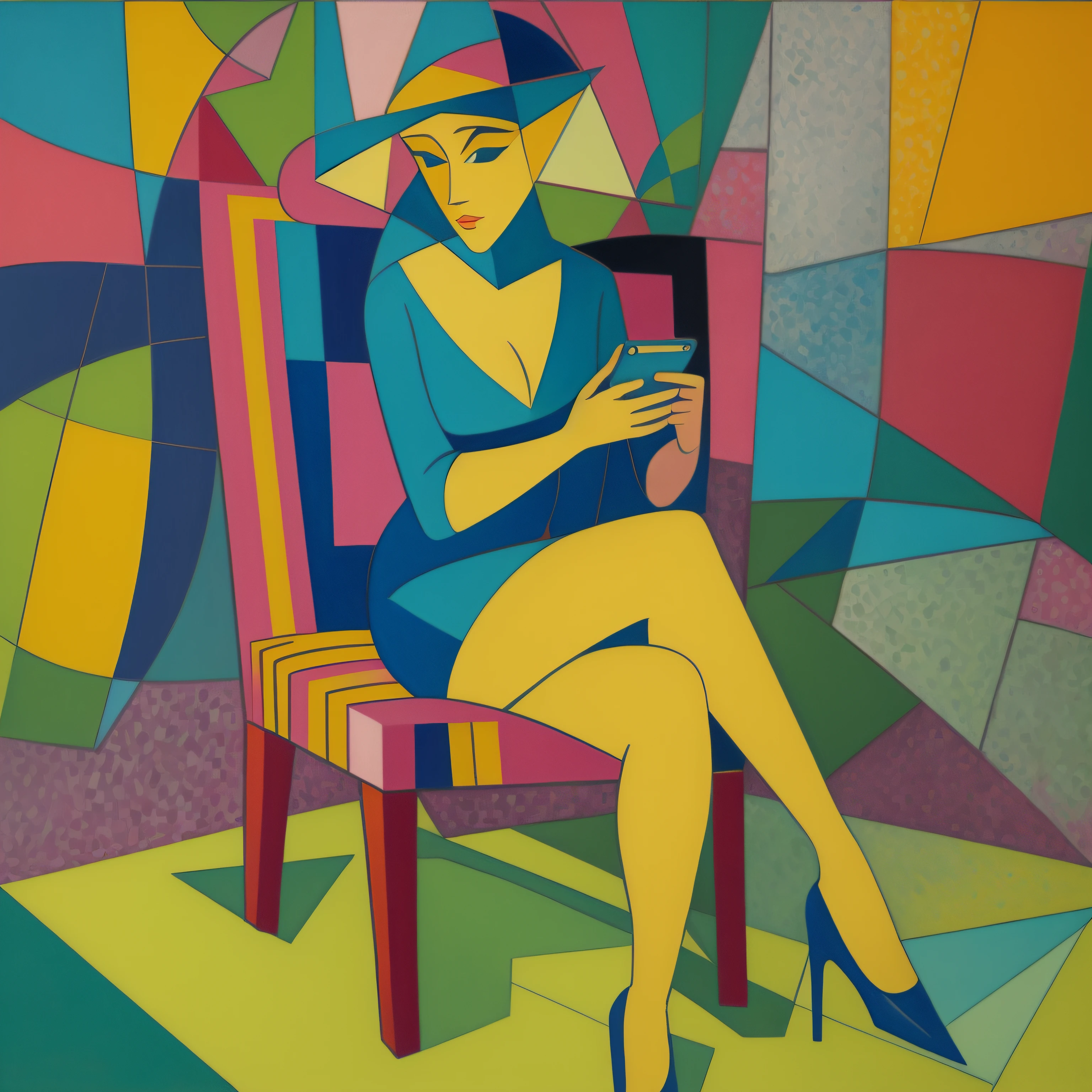 painting of a woman sitting in a chair with a cell phone in hand, inspired by André Lhote, cubist painting, a cubist painting, cubist style, cubist, abstract figurative art, cubist picasso, inspired by Jean Metzinger, inspired by Maurice Boitel, cubism style, inspired by Amedeo Modigliani