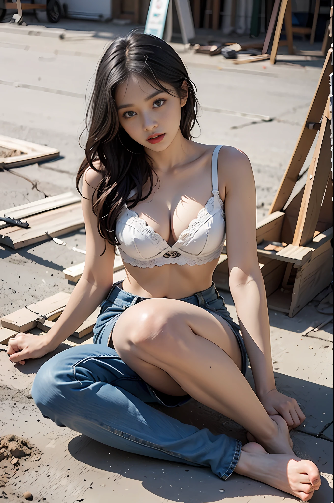 Girl in white bra and tight denim skirt posing for photo, full body, legs spread, with cut T-shirt, bra, slim body, smaller bust, slim girl model, 24-year-old female model, lying on the construction site, a group of black men onlooking