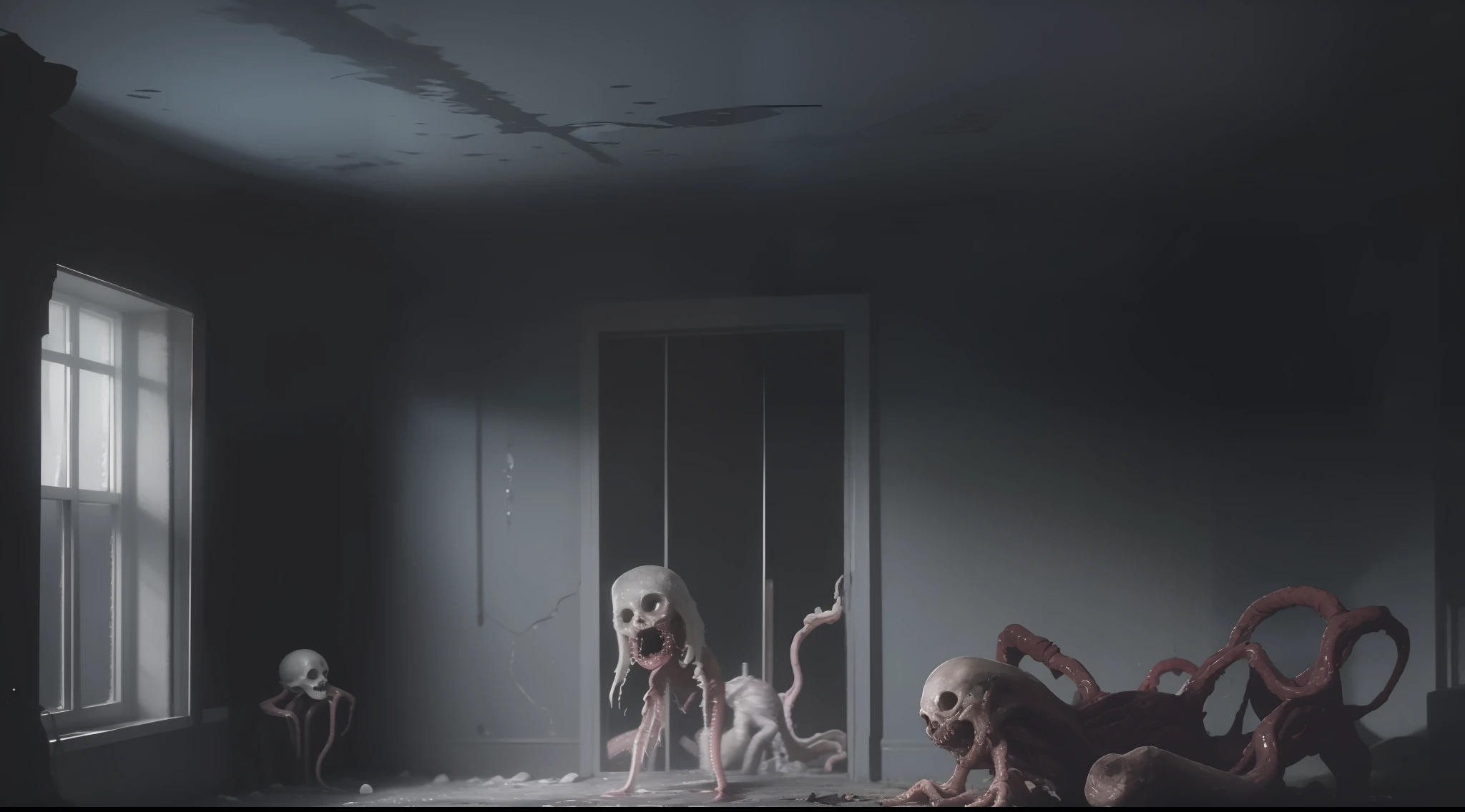 haunted house, grave, ghost mirror, doll, horror, spookiness, horror, secret horror, tentacle, vine, eyes, uncanny valley effect teeth, limbs, animals, plants, buildings