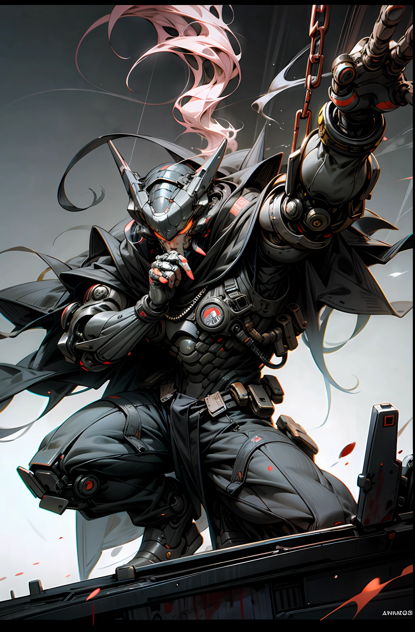 Cyberpunk art, 1man, robot, comic book style, action, smoke, neon, chains, and blood