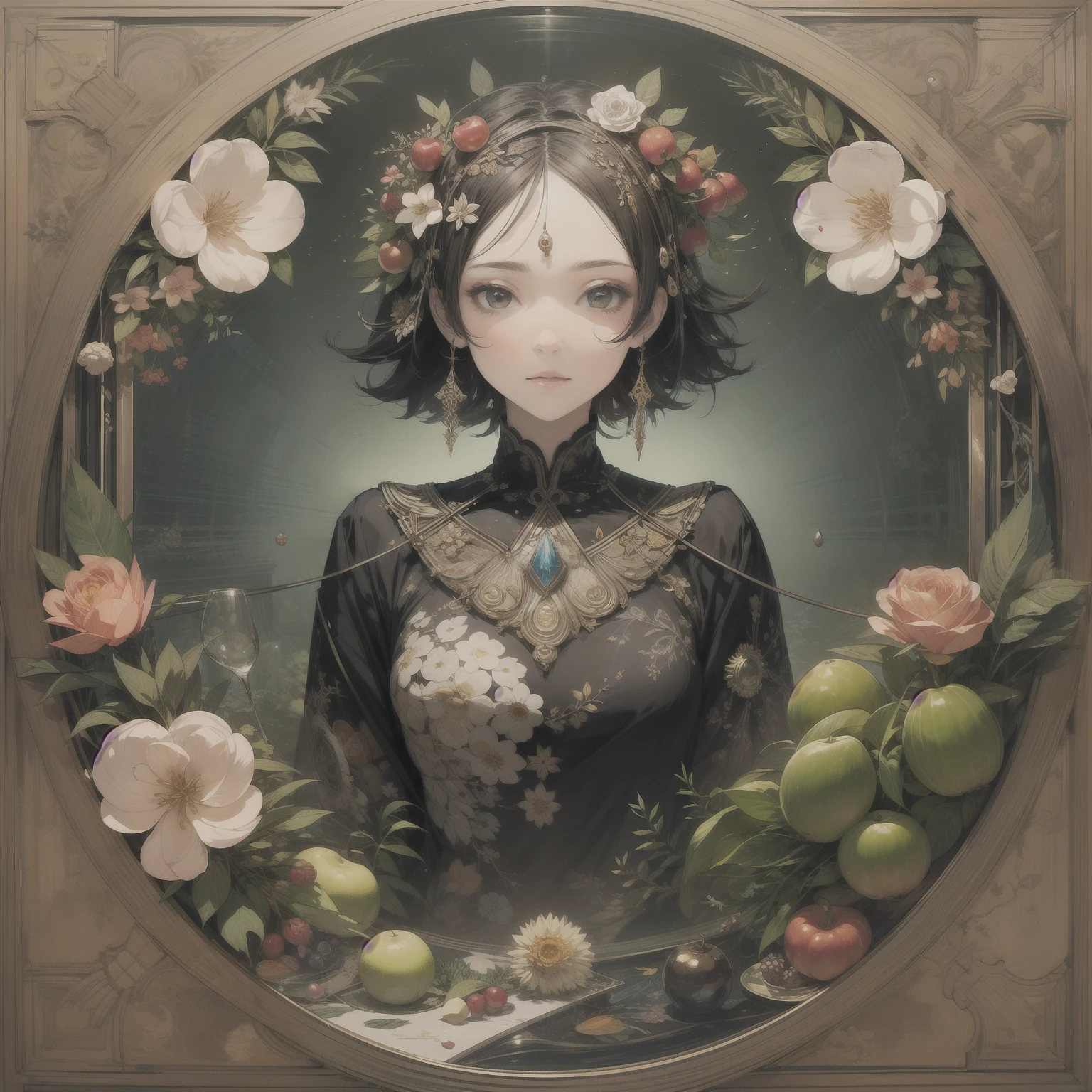 abstract graphics, (1beautiful woman)fractal, glass, flowers, fruits, lines, metal