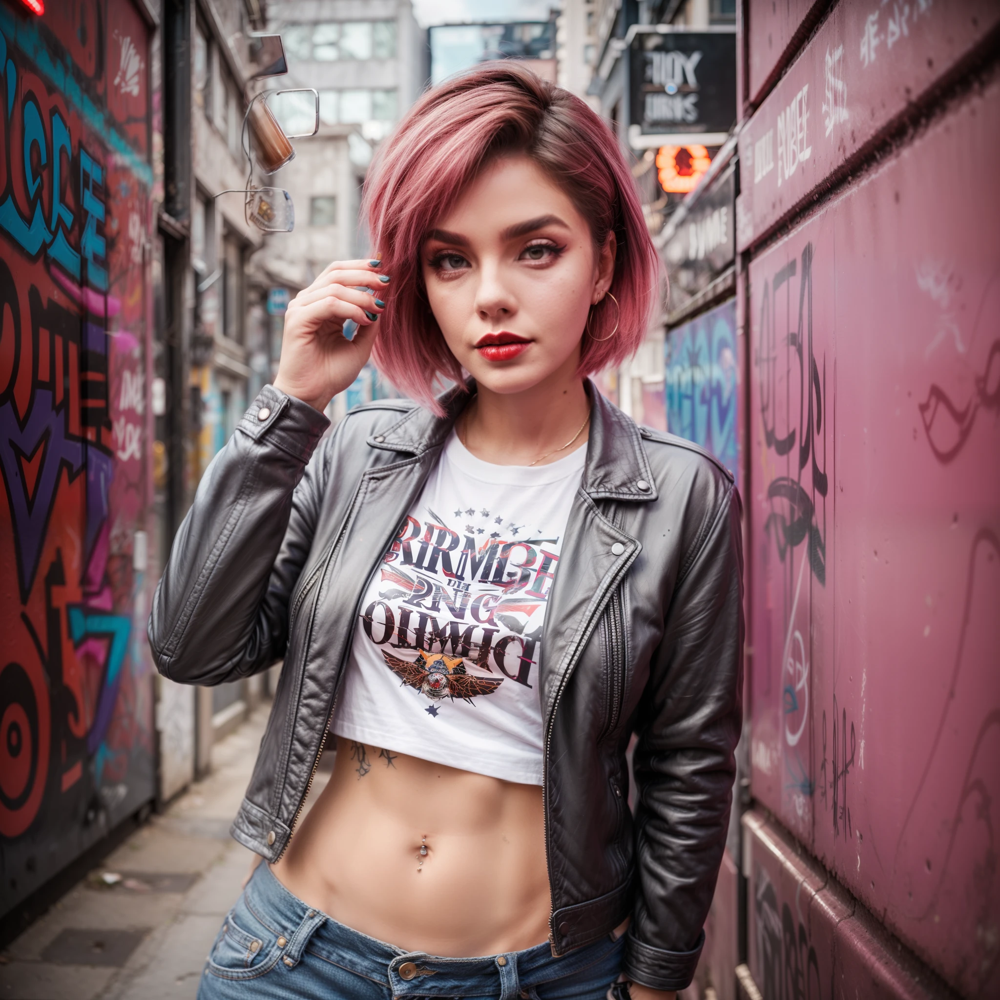 Representing the rebellious spirit, our woman wears a leather jacket over a vintage band t-shirt and ripped jeans. Her makeup features a bold red lip and smudged eyeliner, reflecting her fearless attitude. Her hair is styled in a messy, textured bob, giving her a carefree look. Holding a shot glass of Jameson whiskey, she conveys a sense of adventure. The background design includes graffiti-covered walls and a bustling city street, capturing the urban spirit