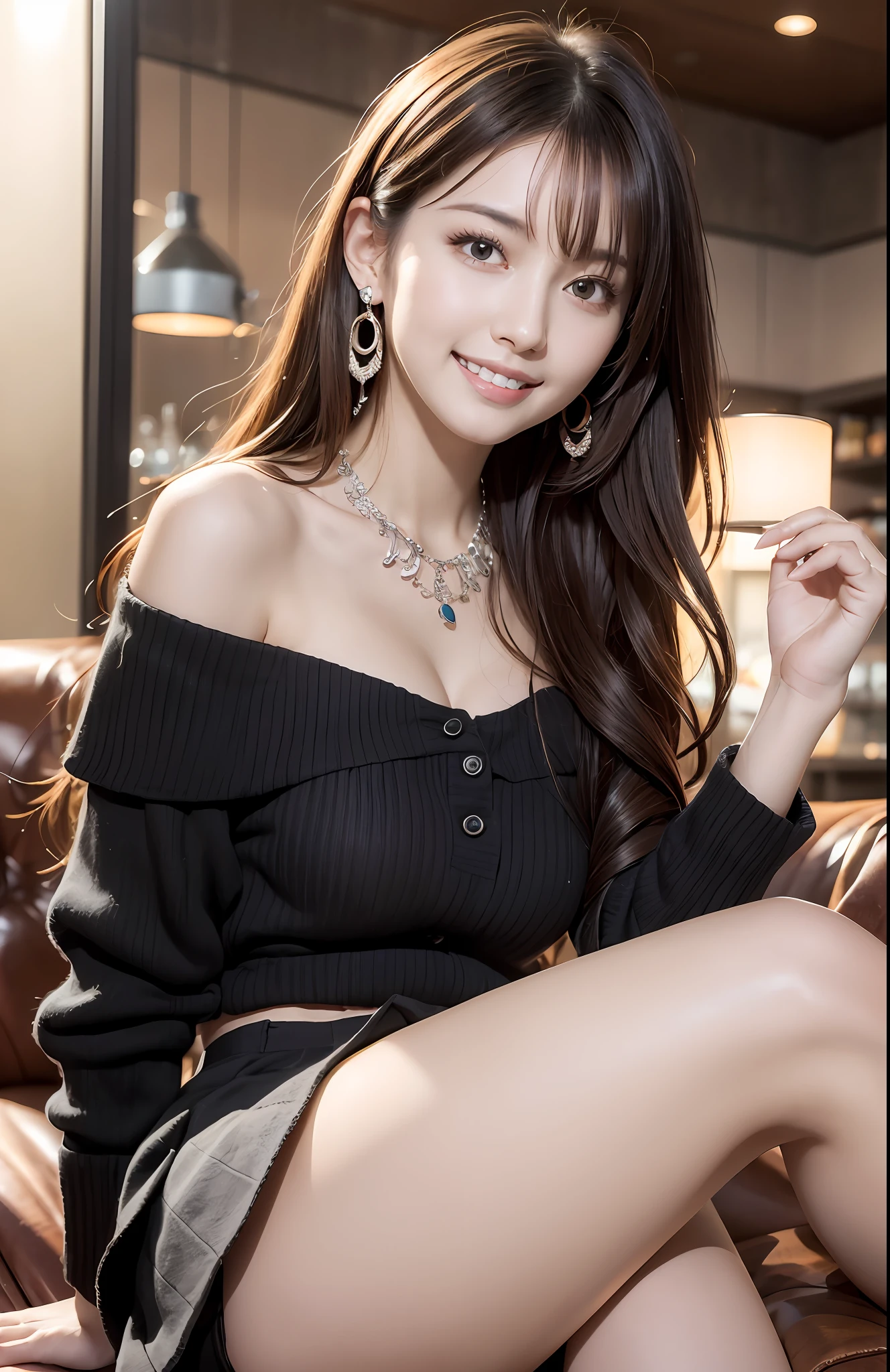 (Ultra Real), (Illustration), (High Resolution), (8K), (Very Detailed), (Best Illustration), (Beautiful and Detailed Eyes), (Best Quality), (Ultra Detailed), (Masterpiece), (Wallpaper), (Detailed Face), Solo, One Girl, Full Body, Staring Viewer, Fine Eyes and Mouth, Detailed Face and Hands, Bar Counter, In the Dark, Low Key, pureerosfaceace_v1, Smile, Long Hair, dark blonde wavy hair, bangs, sitting deeply on sofa, beautiful teeth, blushing cheeks, mesmerizing expression, loose off-shoulder clothes, mini skirt, earrings, necklace, black tights, cleavage, open legs, nogizaka idol, korean idol, actress