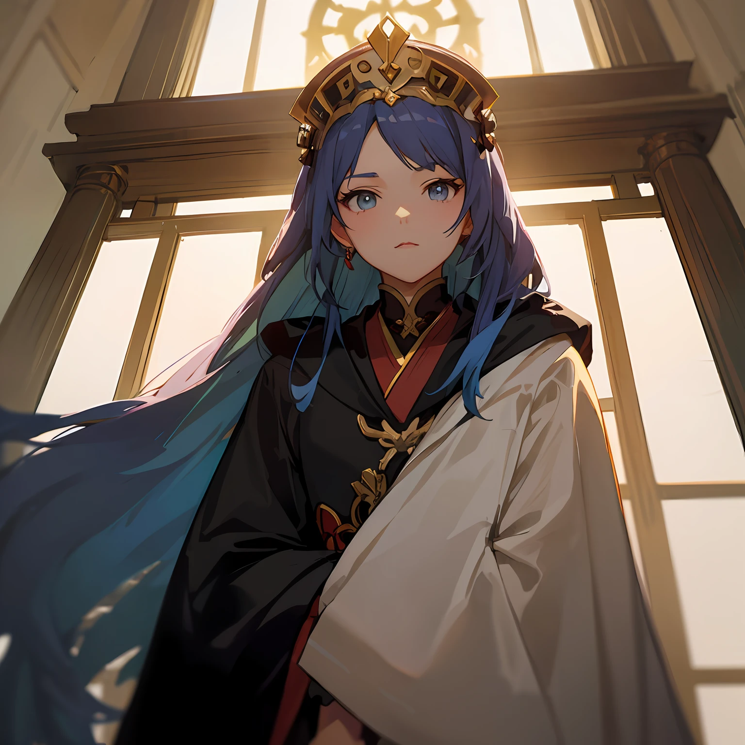 anime character with blue hair and a crown standing in front of a window, keqing from genshin impact, lucina from fire emblem, ((a beautiful fantasy empress)), ayaka genshin impact, artwork in the style of guweiz, trending on artstation pixiv, artgerm and atey ghailan, fus rei, genshin