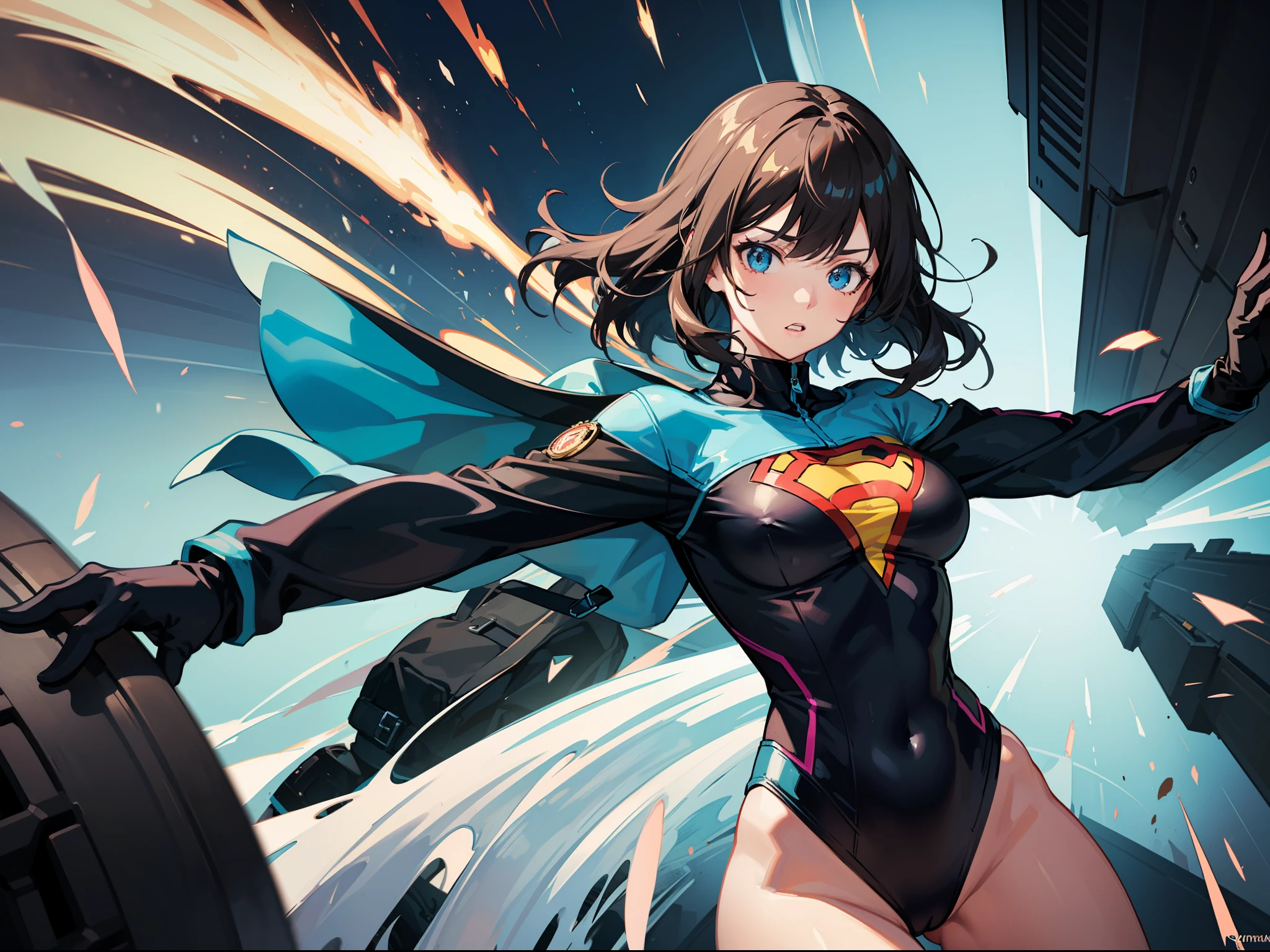 "High school girl superhero wearing a vibrant leotard twirls into a mighty tornado"