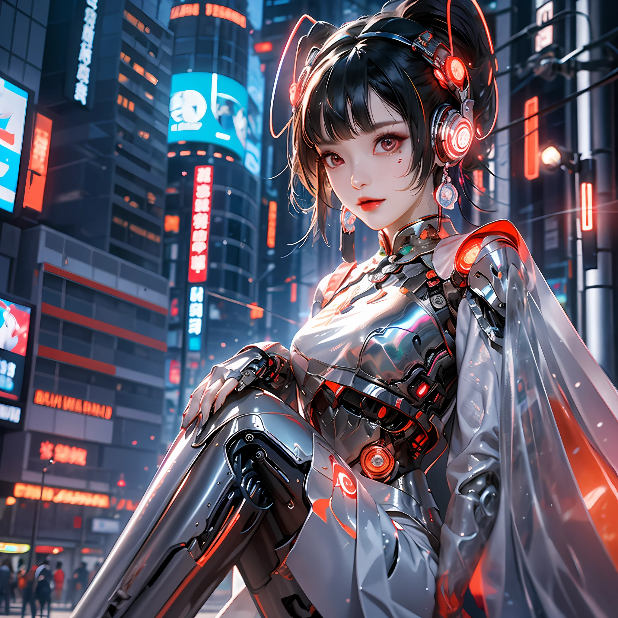 1 girl, Chinese_clothes, metallic black titanium and crimson, cyberhan, cheongsam, cyberpunk city, dynamic pose, detailed luminescent headphones, luminous hair accessories, long hair, luminous earrings, glowing necklace, cyberpunk, high-tech city, full of mechanical and futuristic elements, futurism, technology, glowing neon, red, red light, sexy skirt, transparent black cape, laser light, digital background city sky, big moon, with vehicles, best quality, masterpiece, 8K, Character edge light, super high detail, high quality, the most beautiful woman in human beings, smile, face facing forward and left and right symmetry, ear corner decoration, long antenna glow, beautiful pupils, light effects, visualization data, silver-red-orange hair dyed hair, ultra-detailed facial texture, happy, weapon system, crowded street passers-by, mecha style, wearing a luminous antenna on the head, deep eyes, girly sitting posture