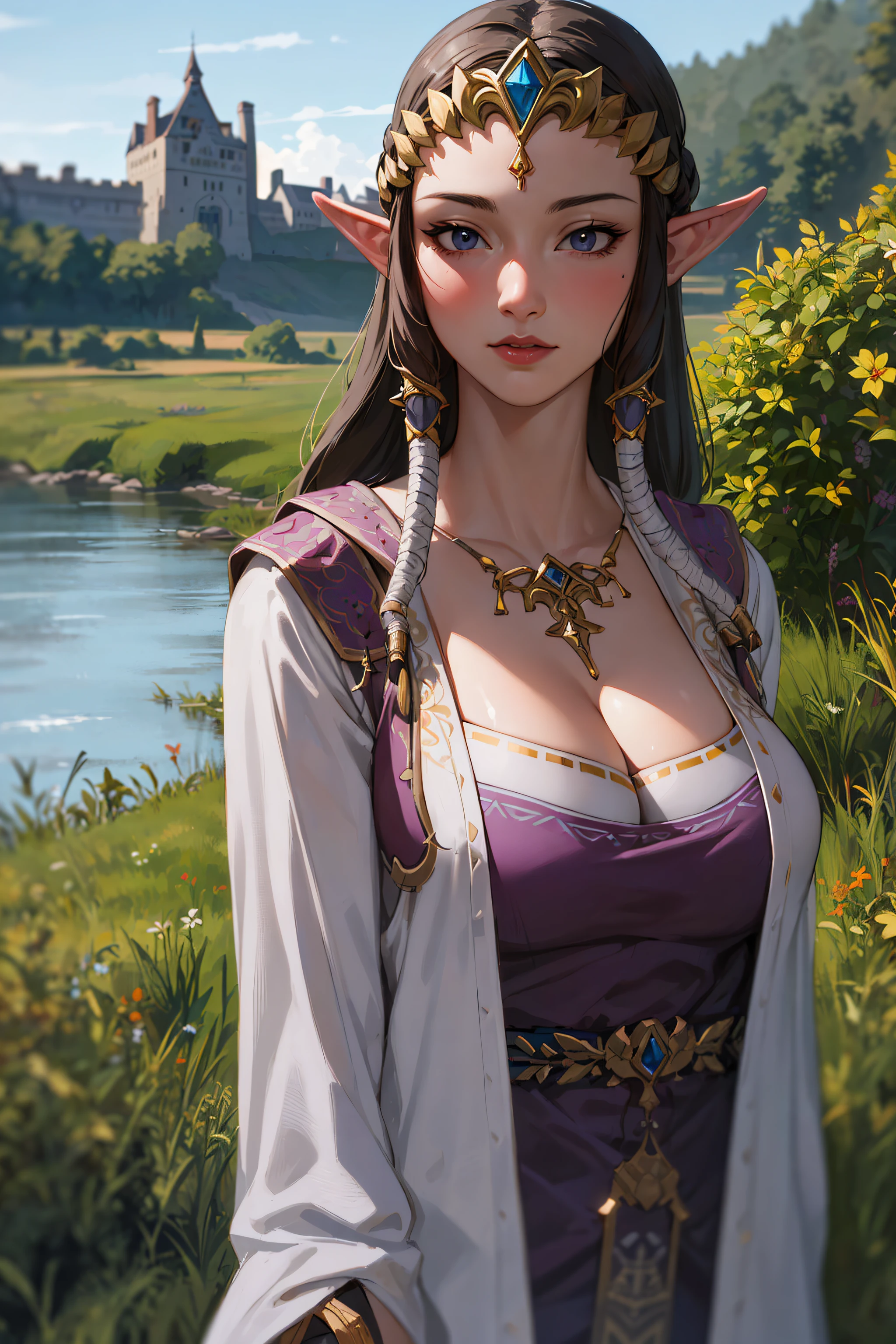 masterpiece, highres, photorealistic, best quality, 8k, best quality, ultra-detailed, perfect lighting, cinematic lighting, adult, mature, female, 1girl, solo, outdoors, nature, sun, blue sky, river, castle, princess zelda, twpr, nintendo, the legend of zelda, purple robe, portrait, upper body, cleavage,