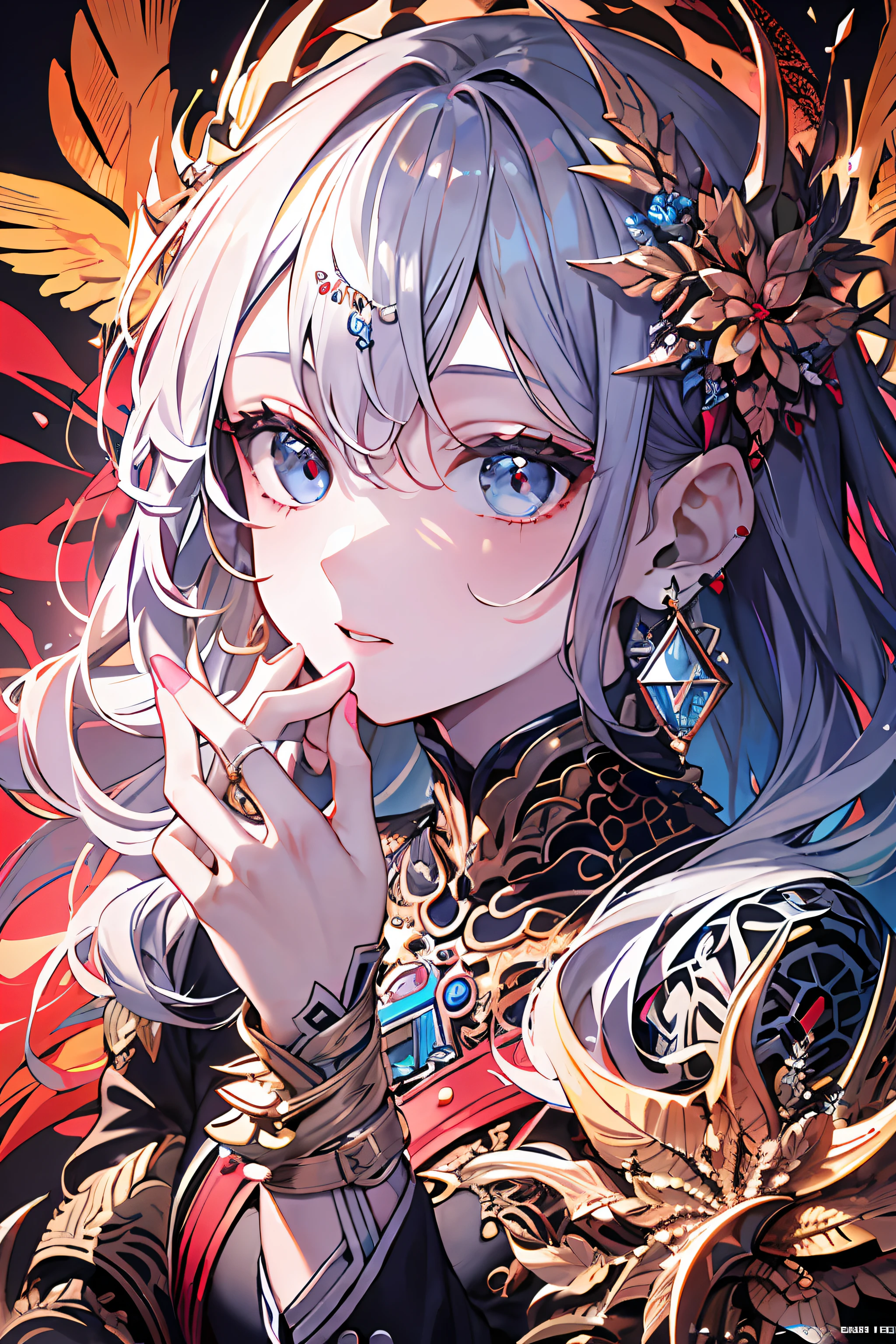 (Masterpiece, Top Quality, Best Quality, Official Art, Beauty and Aesthetics: 1.2), (1girl: 1.3), Very Detailed, (Fractal Art: 1.1), (Color: 1.1) (Diamond: 1.3), Most Detailed, (Zentangle: 1.2), (Dynamic Pose), (Abstract Background: 1.3), (Shiny Skin), (Many Colors: 1.4), ,( earrings:1.4),