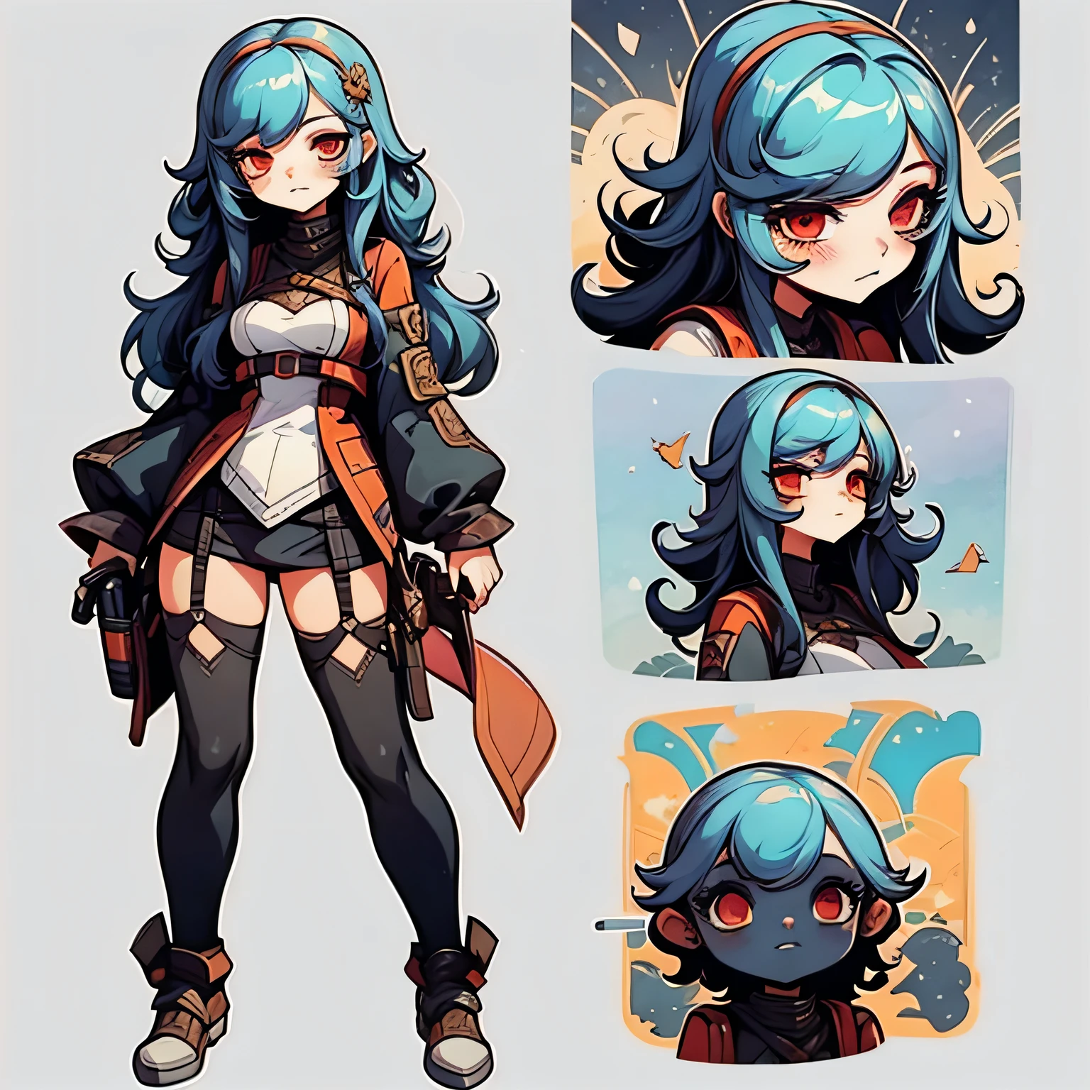 Character design sheet, same character, front, side, back), illustration, 1 girl, hair color, bangs, hairstyle fax, eyes, environment change, white background