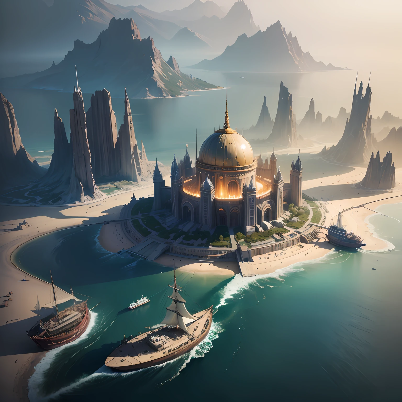 **an aerial view of an oceanlike place in outer space, in the style of matte painting, kushan empire, captivating harbor views, giant money sculptures, light silver and gold, firecore, futuristic scenarios