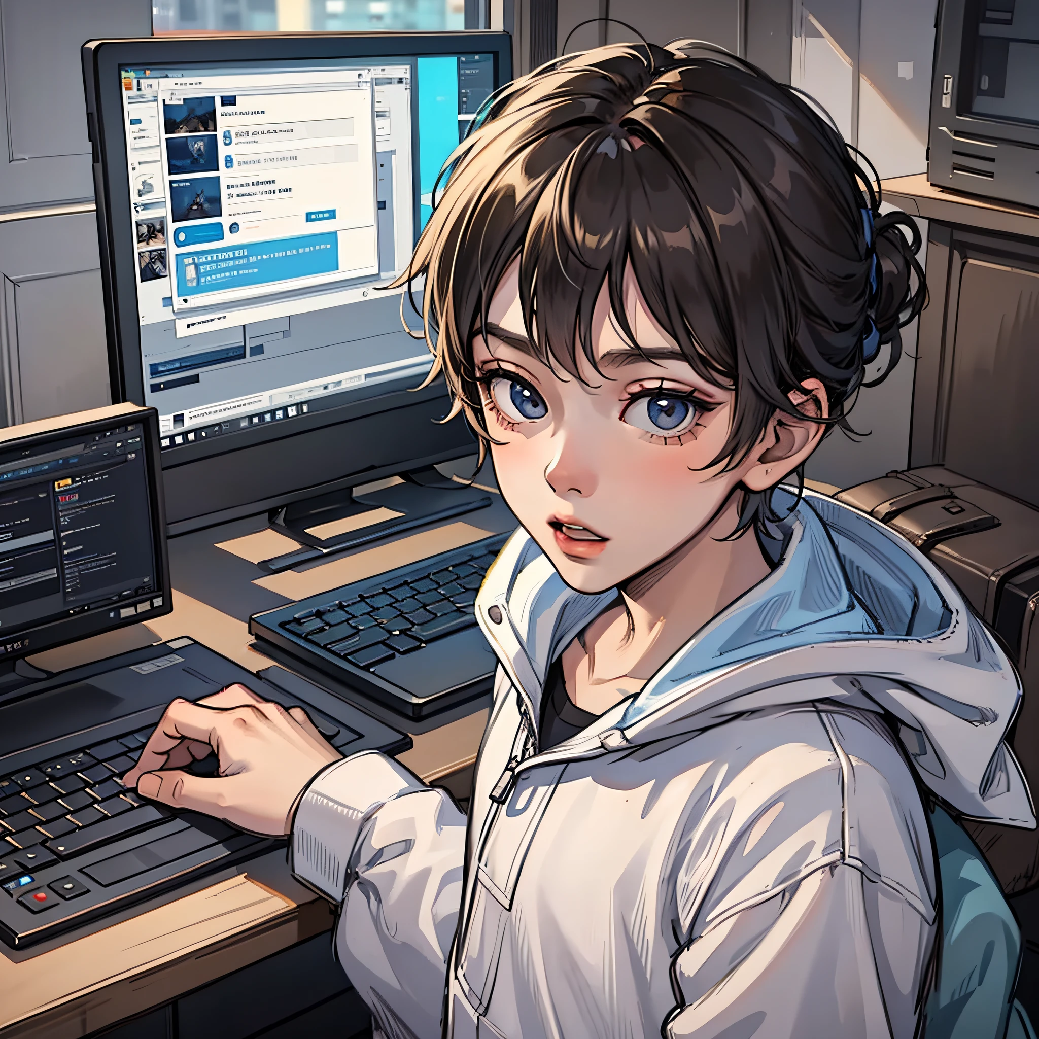 A boy dressed in white, looking at the computer screen with a shocked expression, the bedroom in the background