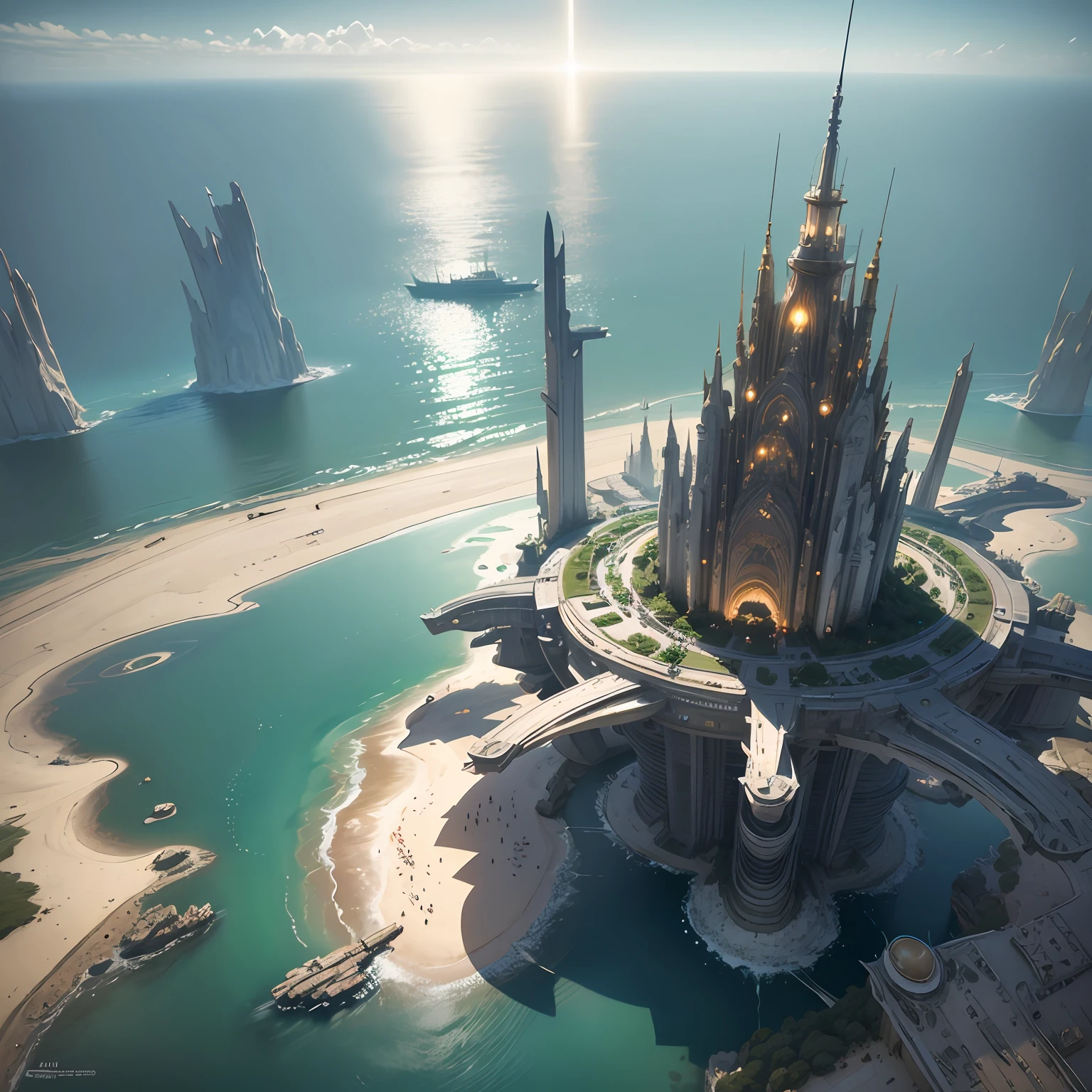 **an aerial view of an oceanlike place in outer space, in the style of matte painting, kushan empire, captivating harbor views, giant money sculptures, light silver and gold, firecore, futuristic scenarios