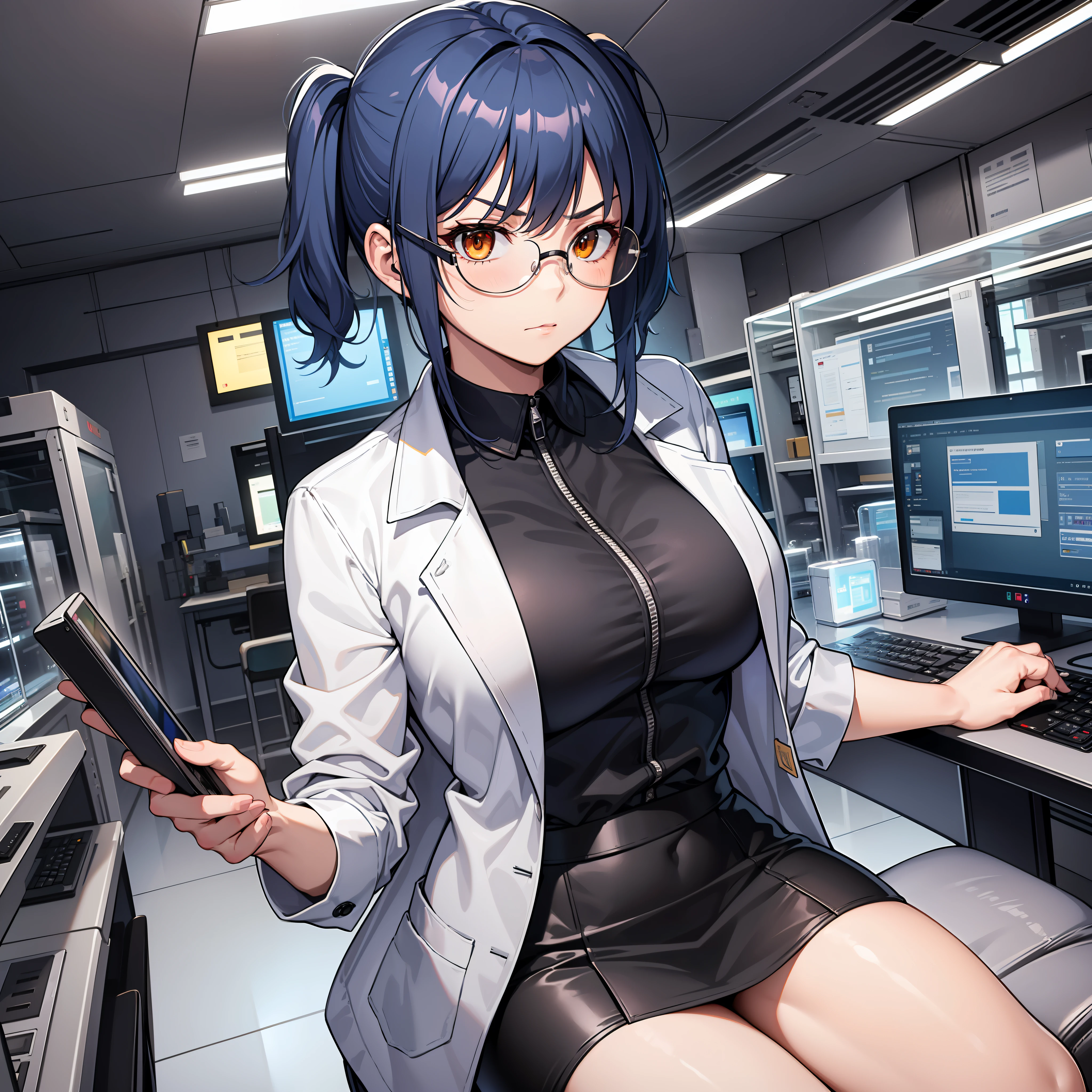 Thirty year old woman, Serious Expression, short blue hair With white lines In the middle, in two pigtails, orange eyes, wearing transparent glasses, Tight undershirt and Black miniskirt, Playing on the computer in the laboratory room