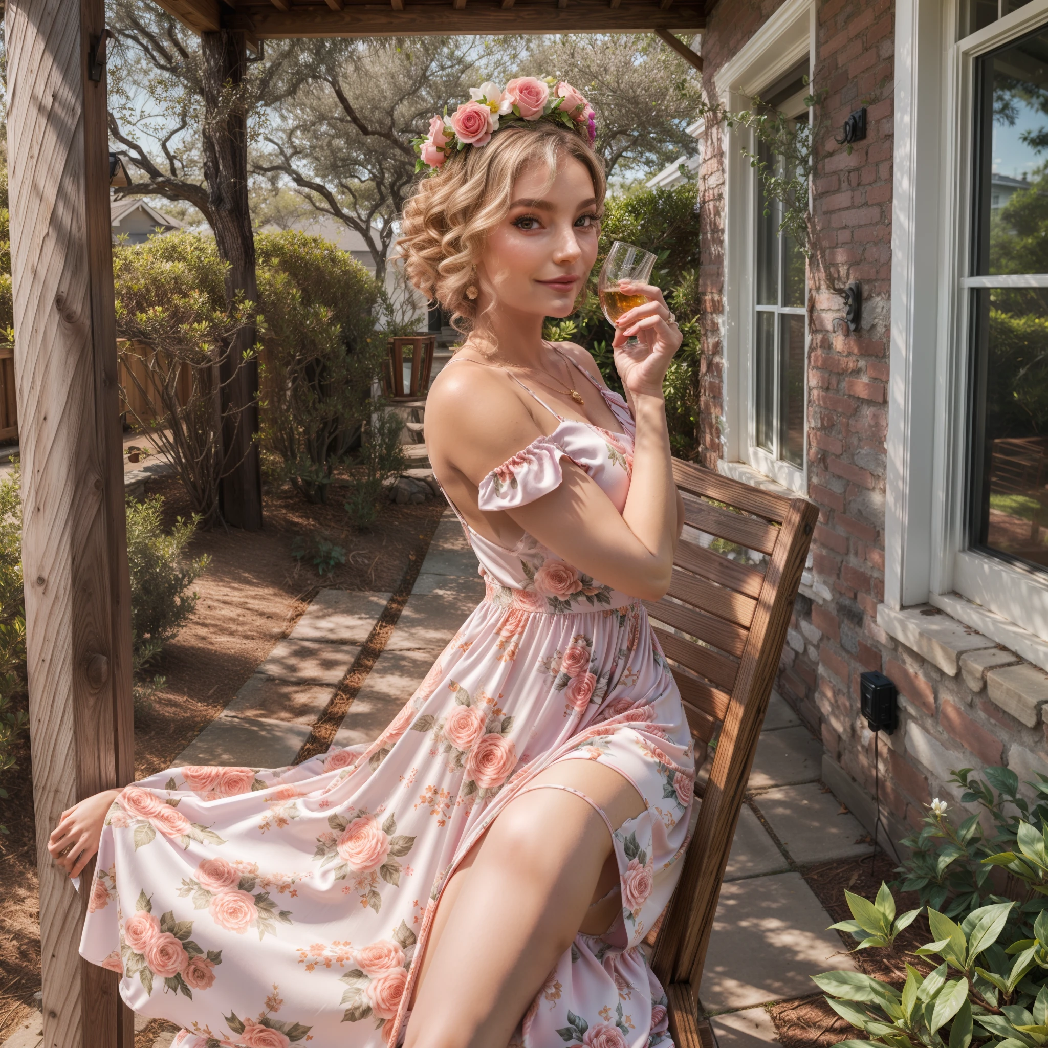 This whiskey brand personifies the Southern charm and hospitality. Our woman wears a flowing sundress with a floral pattern, capturing the essence of a Southern belle. Her makeup is fresh and glowing, with rosy cheeks and a peachy lip. Her hair is styled in loose curls, adorned with a dainty flower crown. Holding a glass of Maker's Mark whiskey, she radiates warmth and grace. The background design features a sun-soaked porch with rocking chairs and blooming magnolia trees
